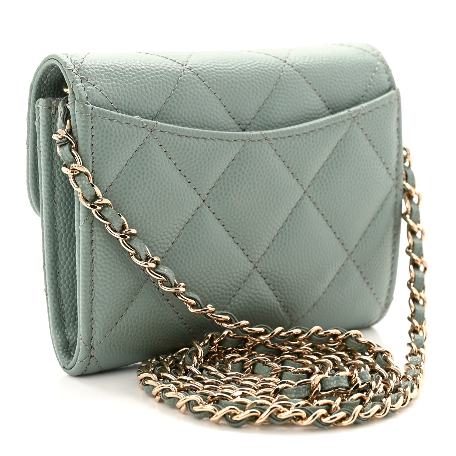 Caviar Quilted Flap Card Holder On Chain Light Green - Image 3