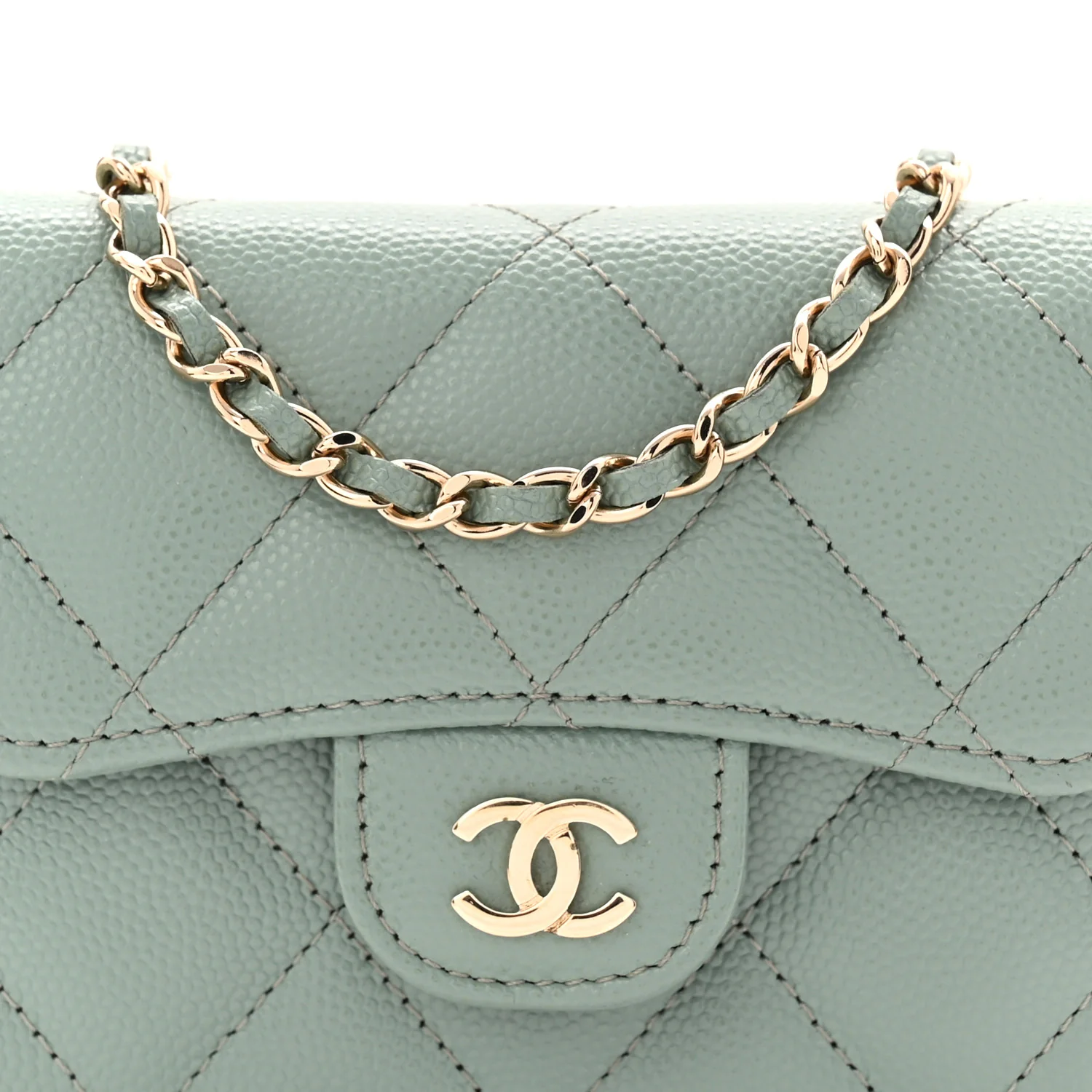 Caviar Quilted Flap Card Holder On Chain Light Green - Image 9