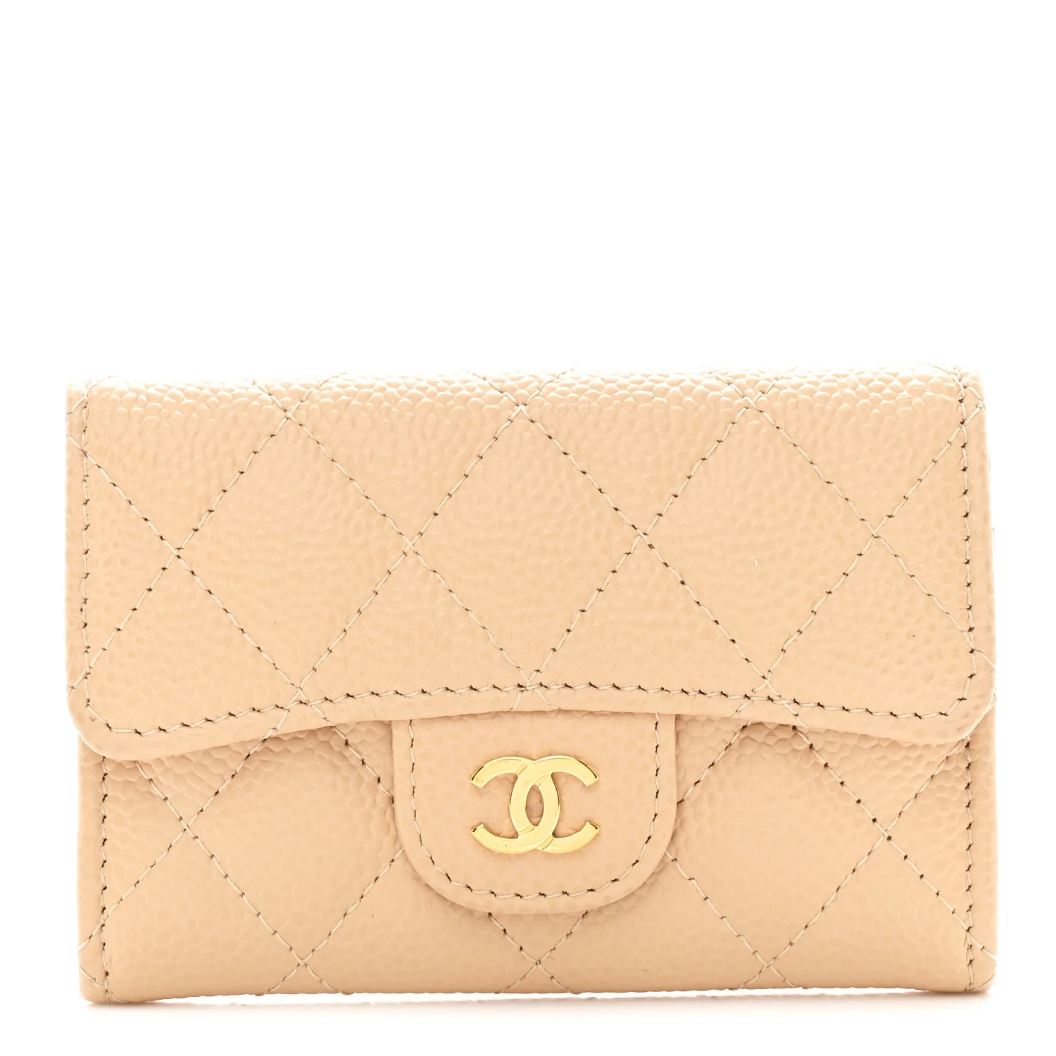 Caviar Quilted Flap Card Holder Wallet Beige