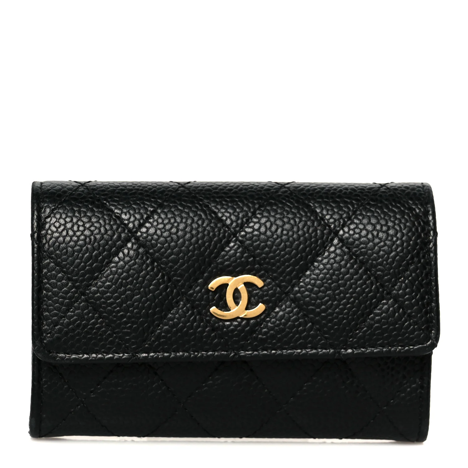 Caviar Quilted Flap Card Holder Wallet Black