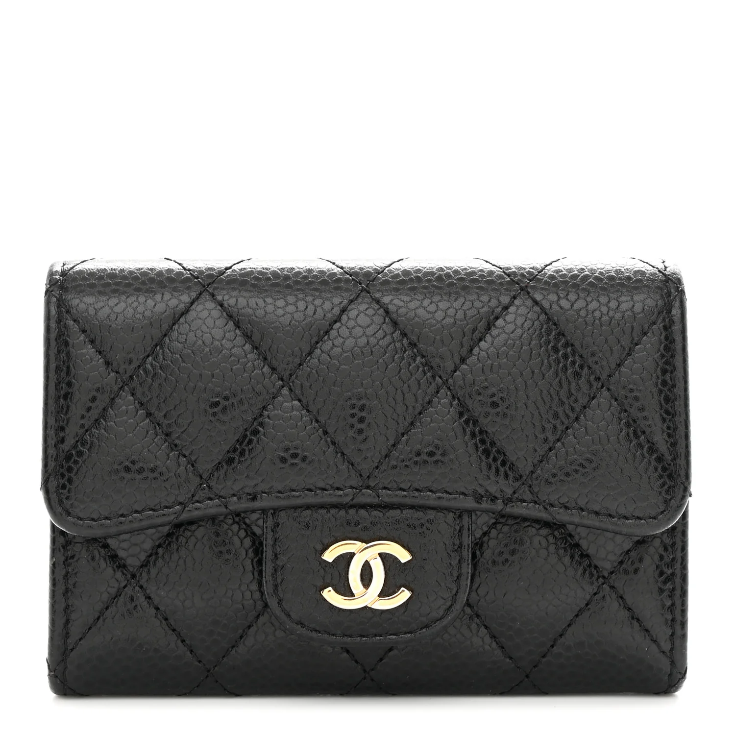 Caviar Quilted Flap Card Holder Wallet Black