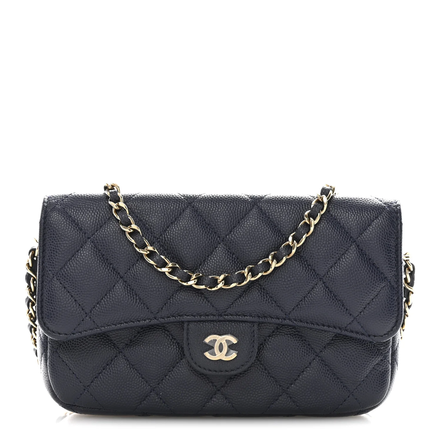 Caviar Quilted Flap Phone Holder With Chain Navy