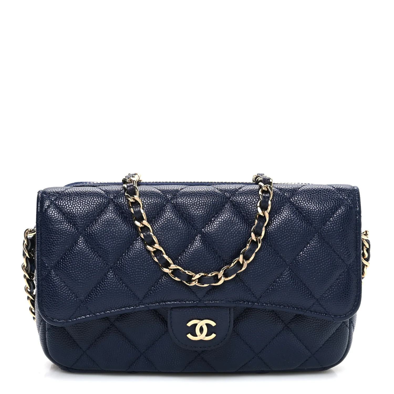 Caviar Quilted Flap Phone Holder With Chain Navy Blue