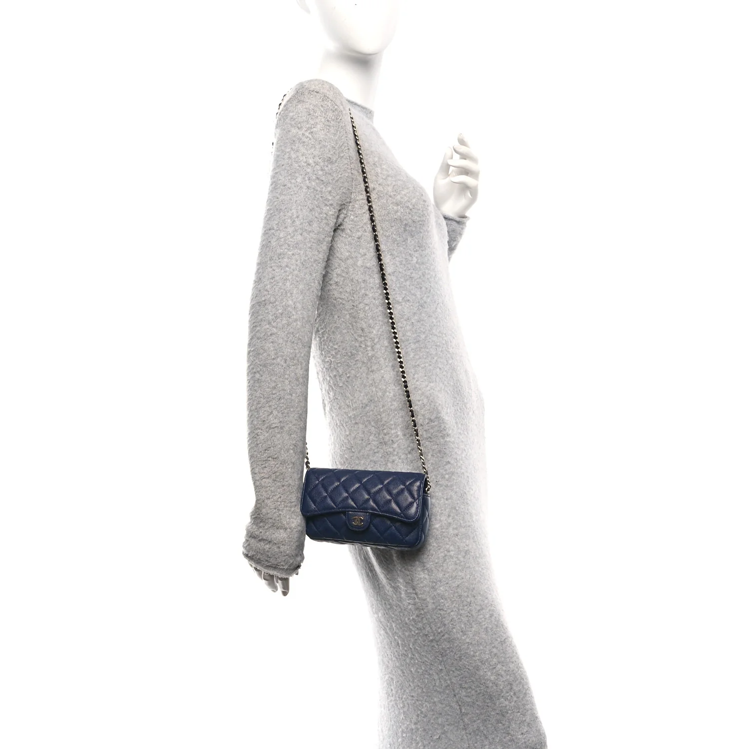 Caviar Quilted Flap Phone Holder With Chain Navy Blue - Image 2