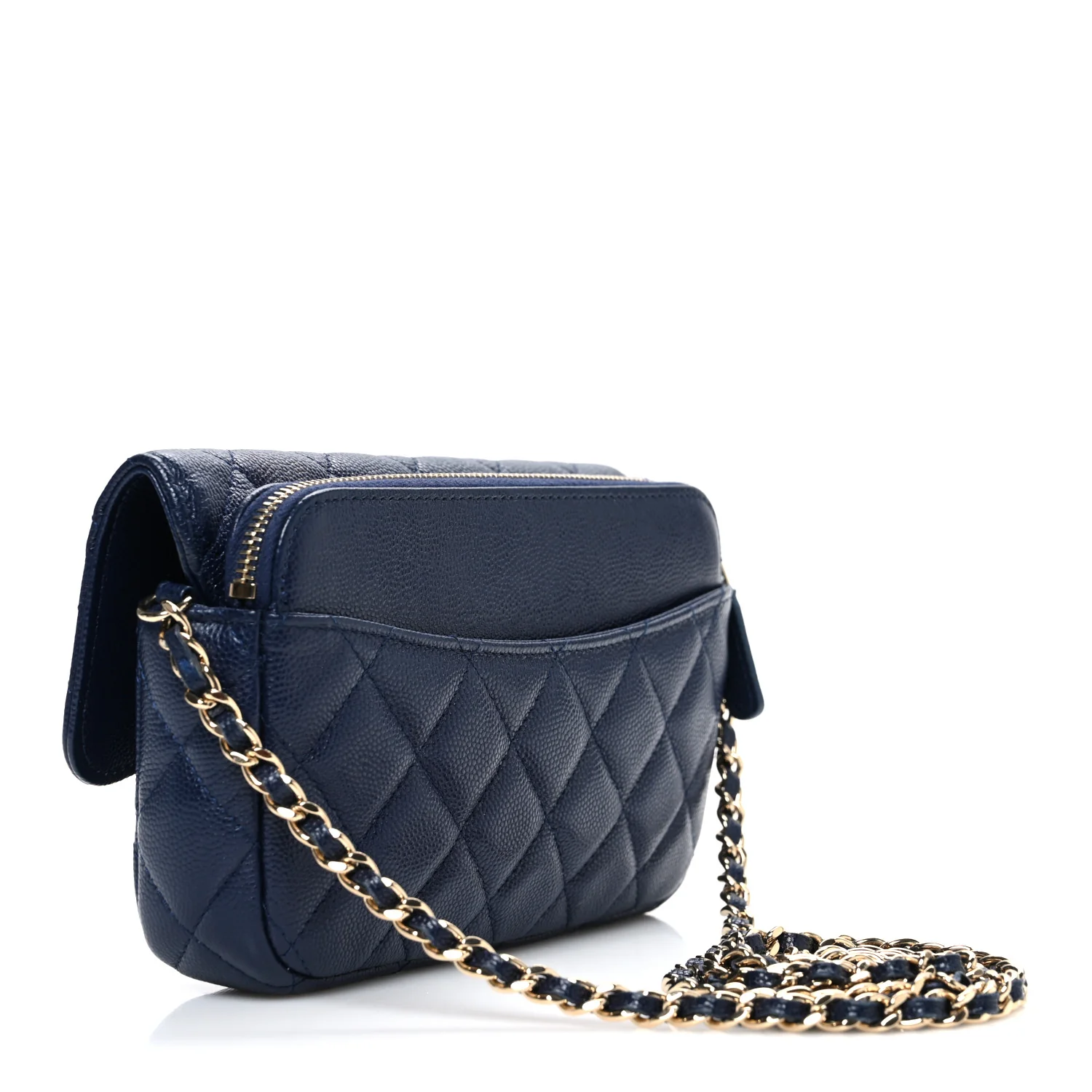 Caviar Quilted Flap Phone Holder With Chain Navy Blue - Image 3