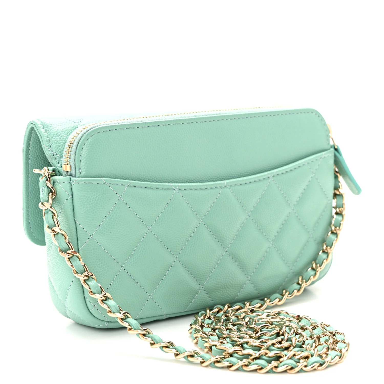 Caviar Quilted Flap Phone Holder With Chain Turquoise - Image 3