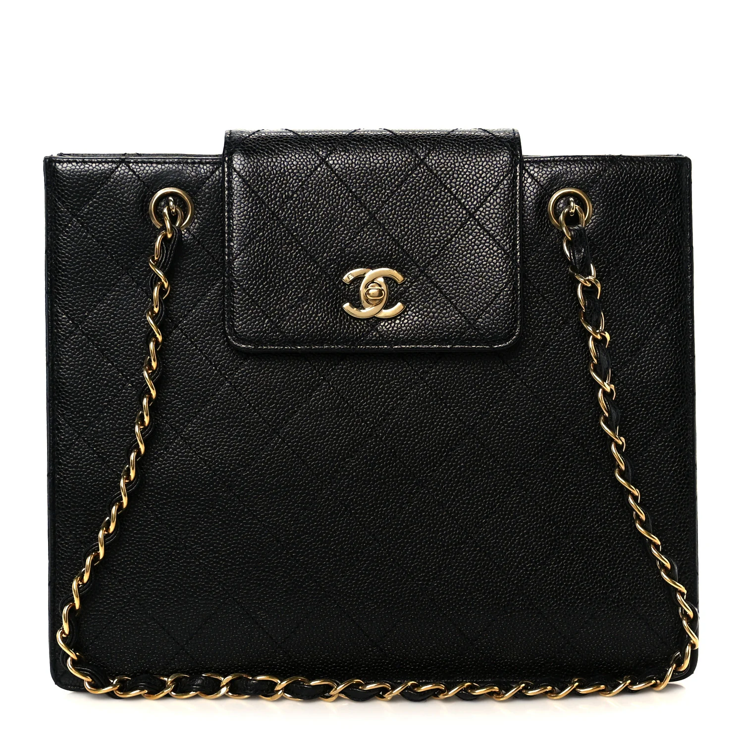 Caviar Quilted Flap Shopping Tote Black