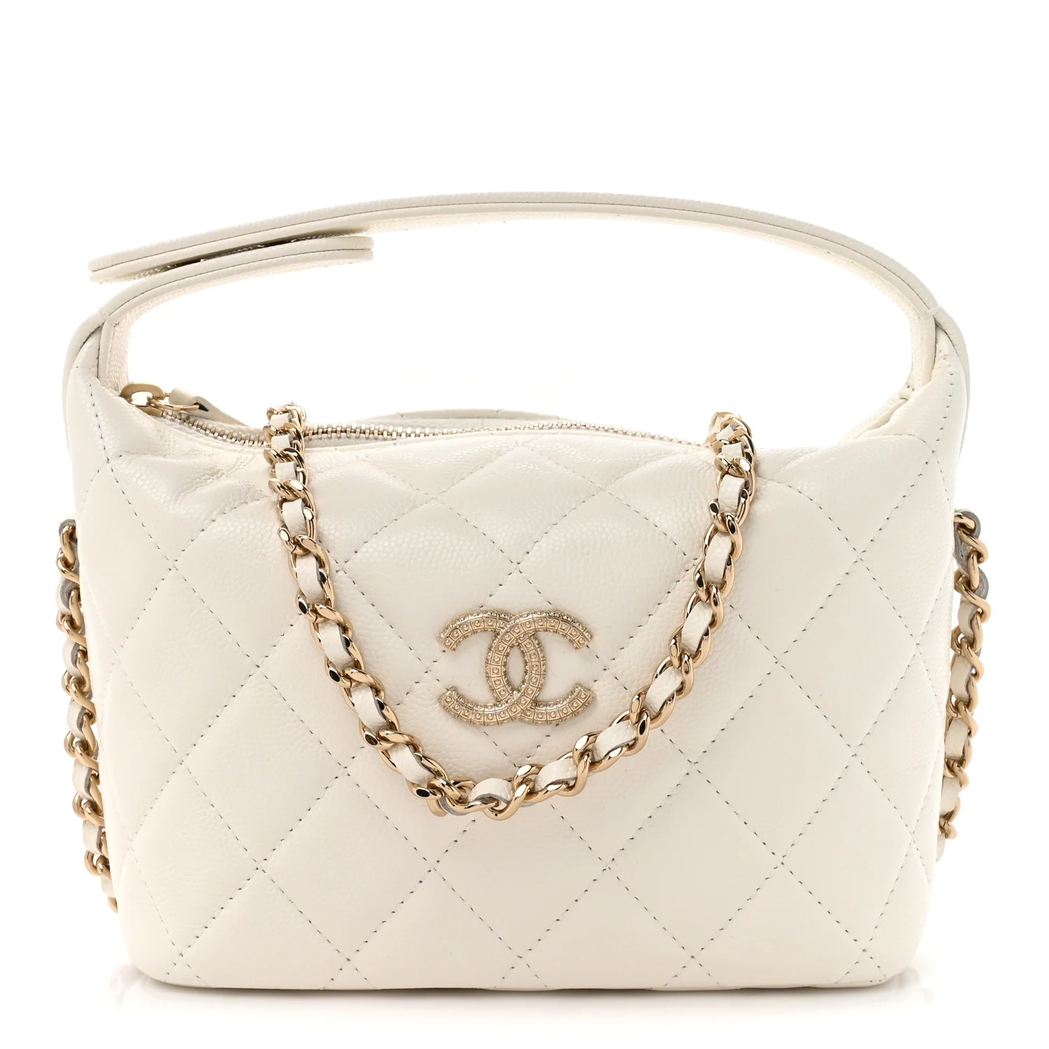 Caviar Quilted Hobo Clutch With Chain White