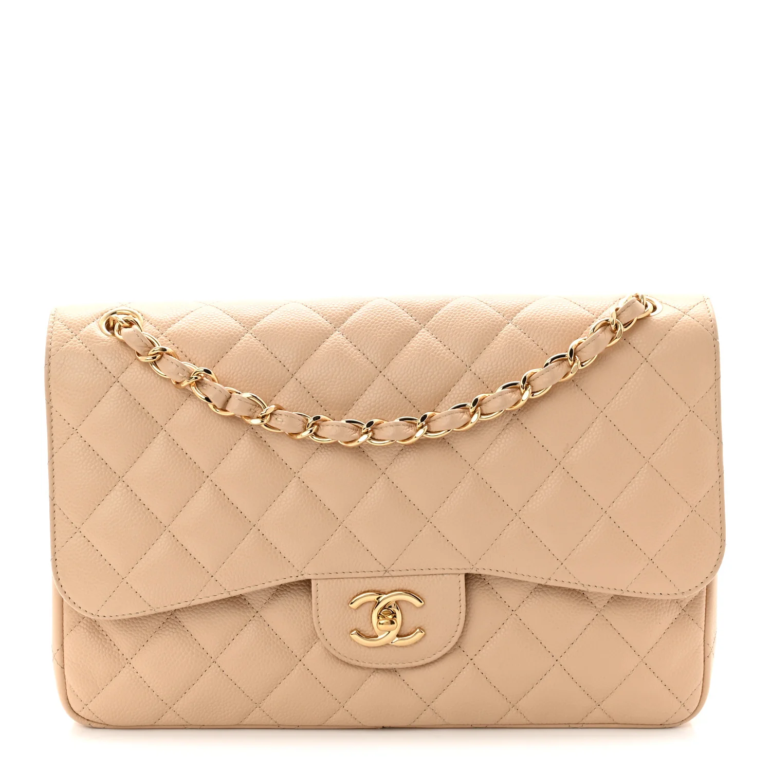 Caviar Quilted Jumbo Double Flap Beige Clair