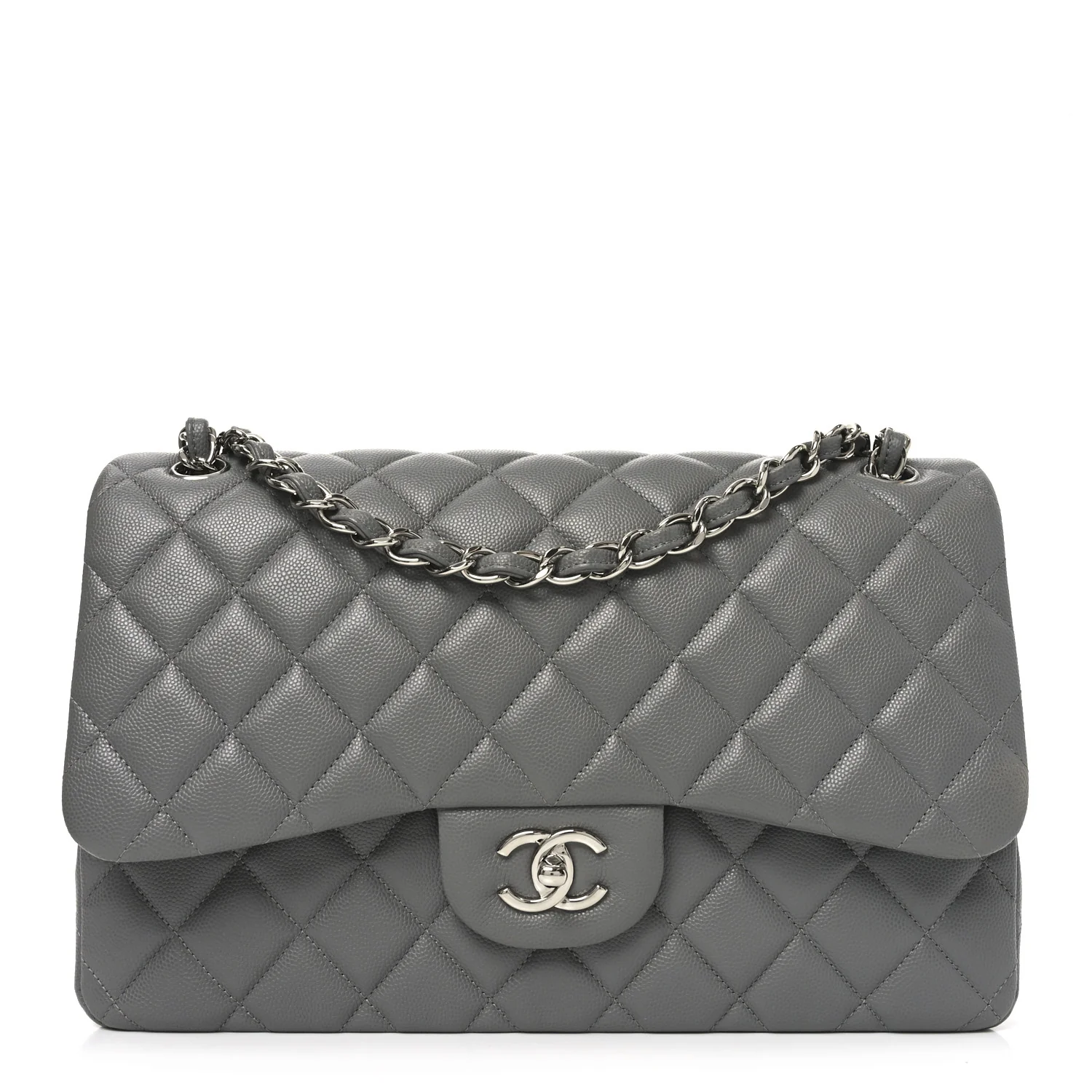 Caviar Quilted Jumbo Double Flap Dark Grey