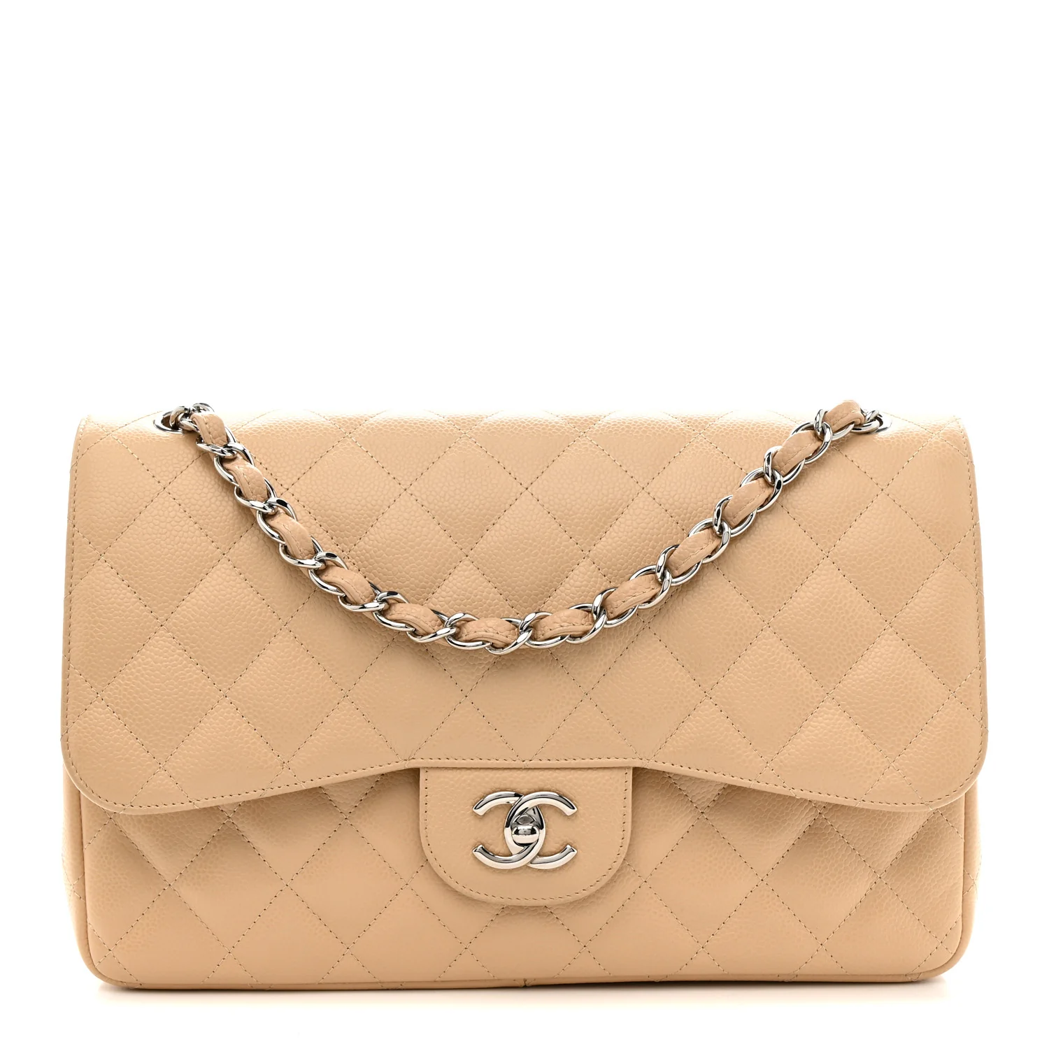 Caviar Quilted Jumbo Double Flap Light Beige