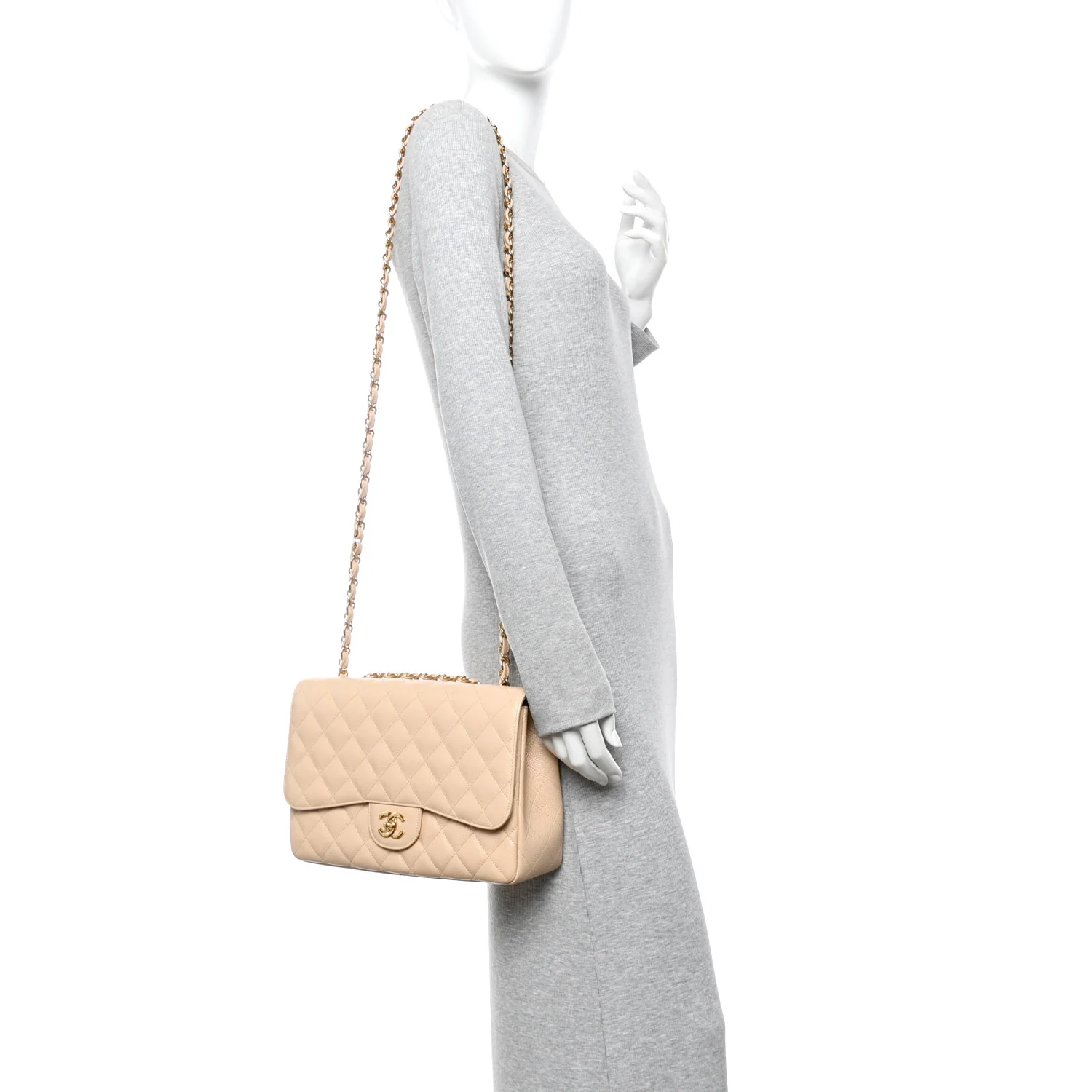 Caviar Quilted Jumbo Double Flap Light Beige - Image 2