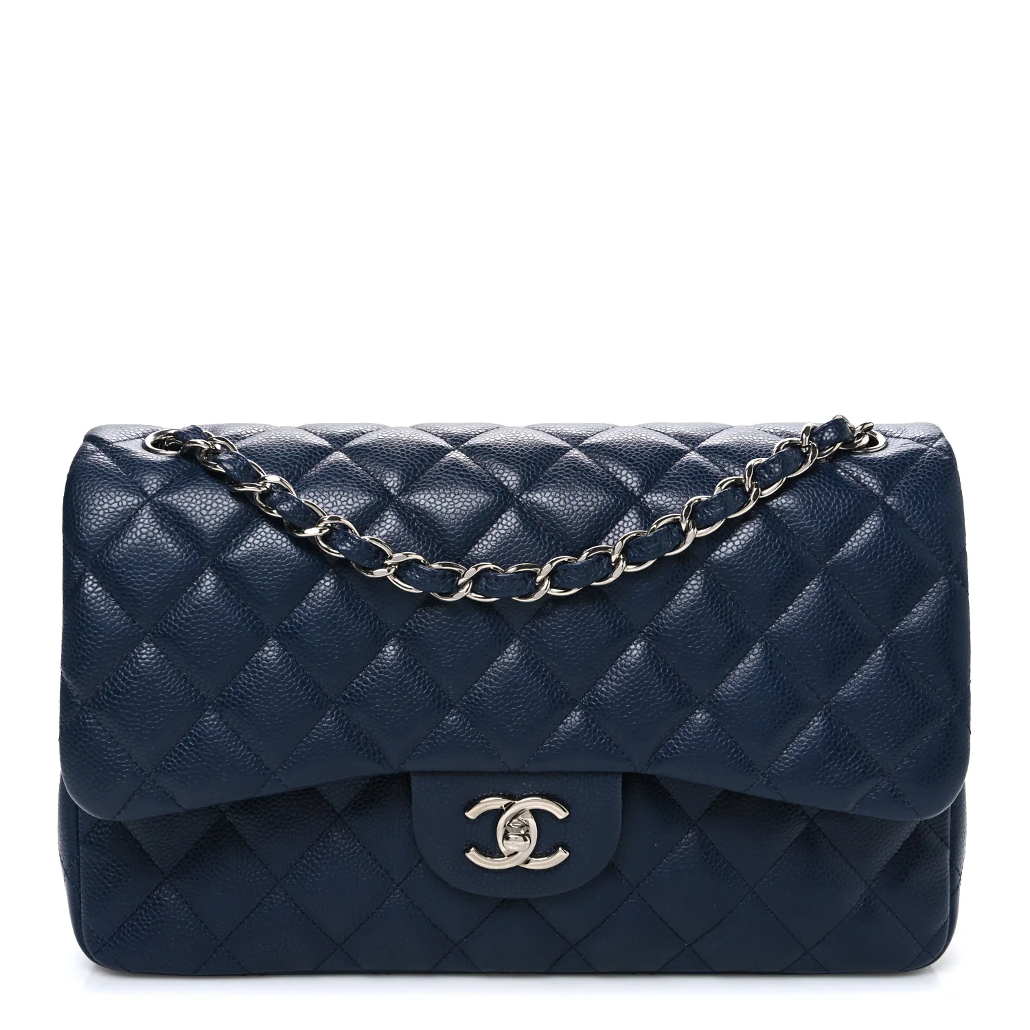 Caviar Quilted Jumbo Double Flap Navy Blue