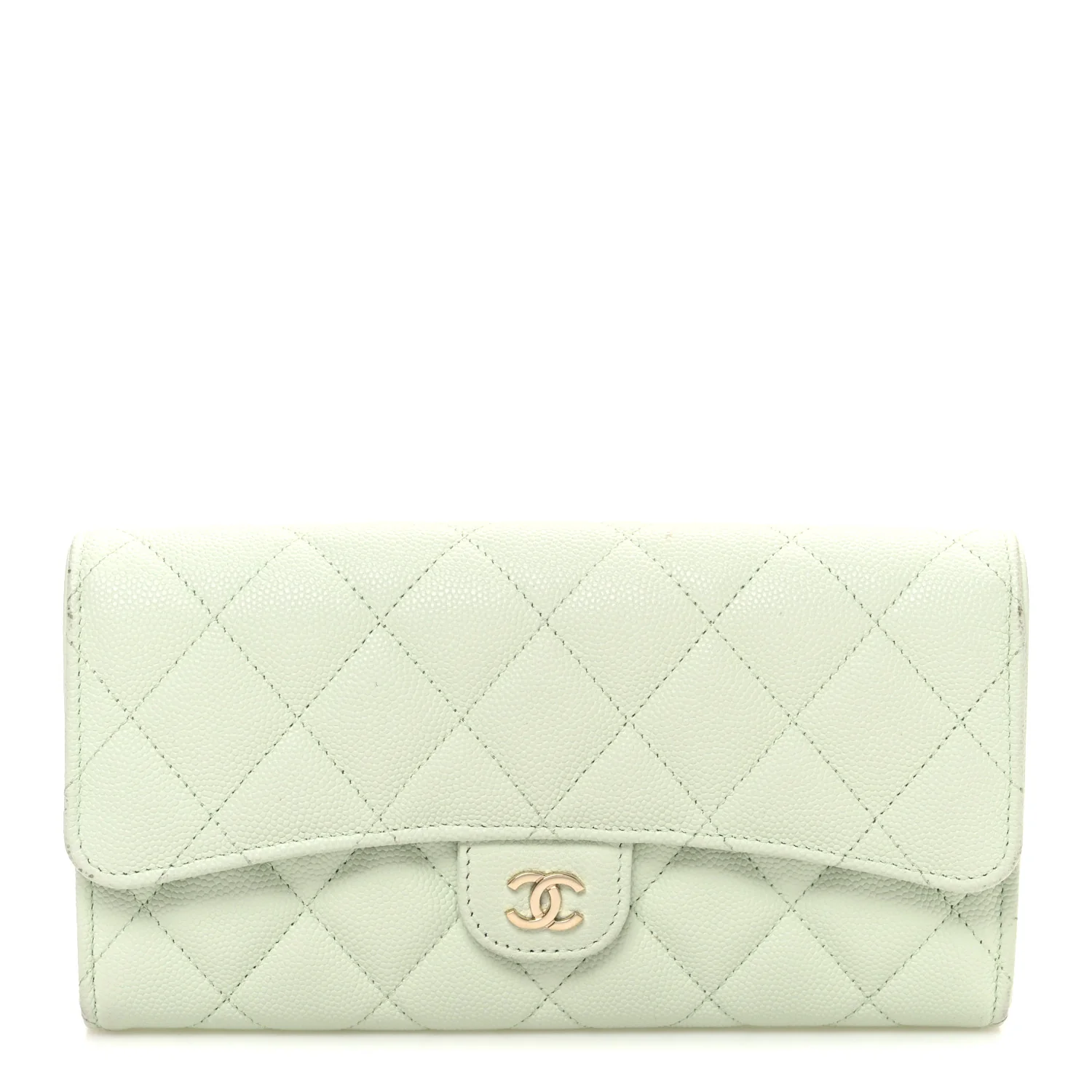 Caviar Quilted Large Gusset Flap Wallet Light Green