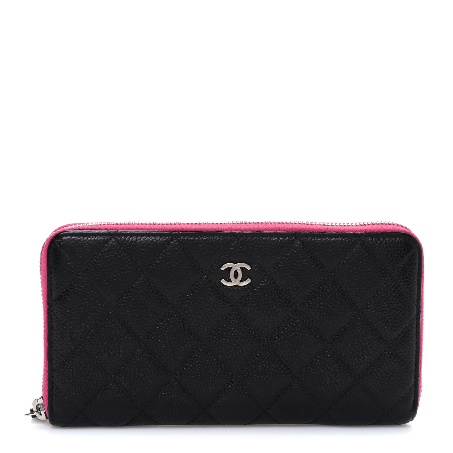Caviar Quilted Large Gusset Zip Around Wallet Black Pink