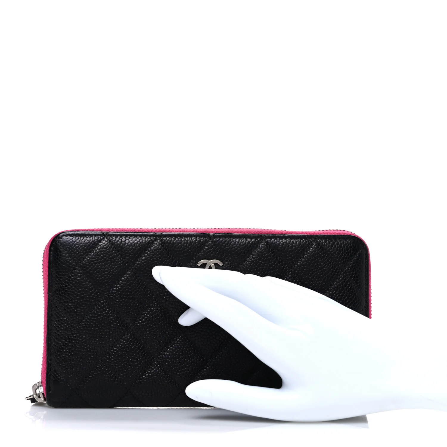Caviar Quilted Large Gusset Zip Around Wallet Black Pink - Image 2