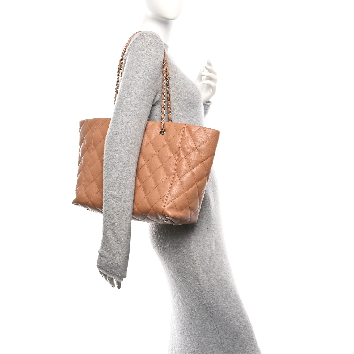 Caviar Quilted Large Shopping Tote Dark Beige - Image 2