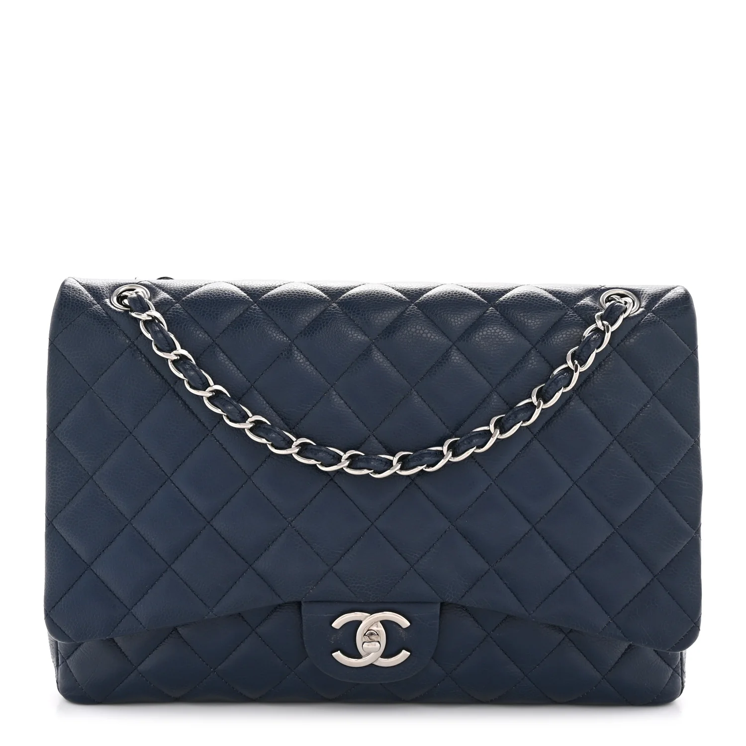 Caviar Quilted Maxi Double Flap Navy Blue