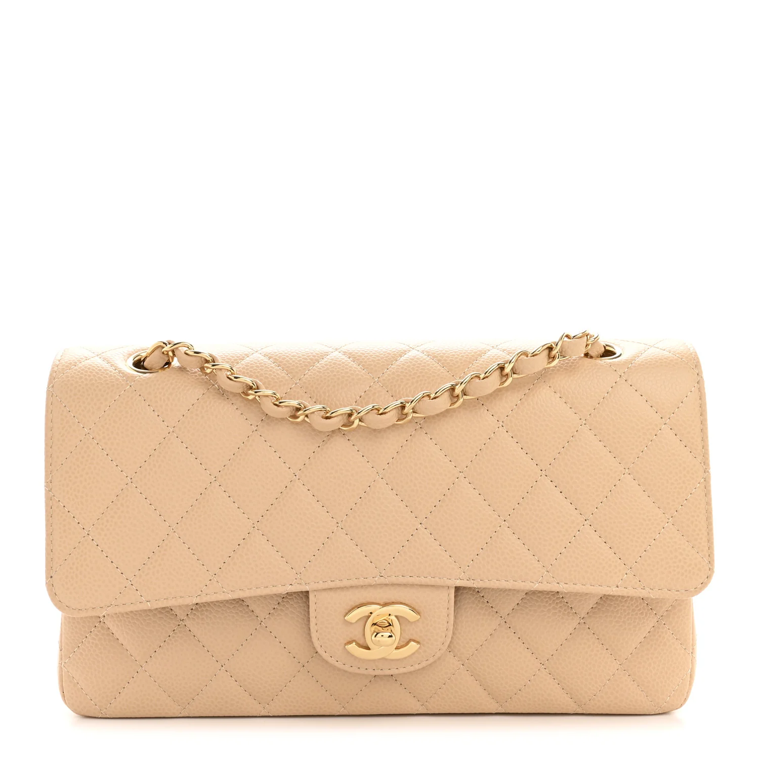 Caviar Quilted Medium Double Flap Beige
