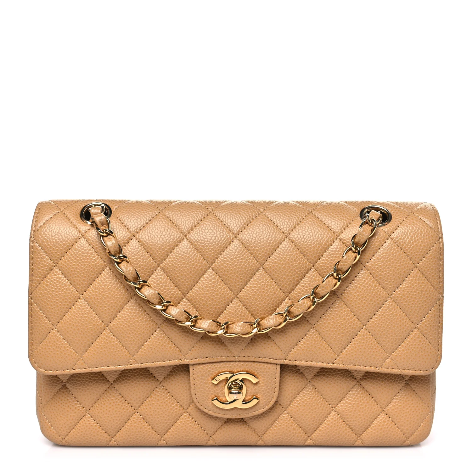 Caviar Quilted Medium Double Flap Beige
