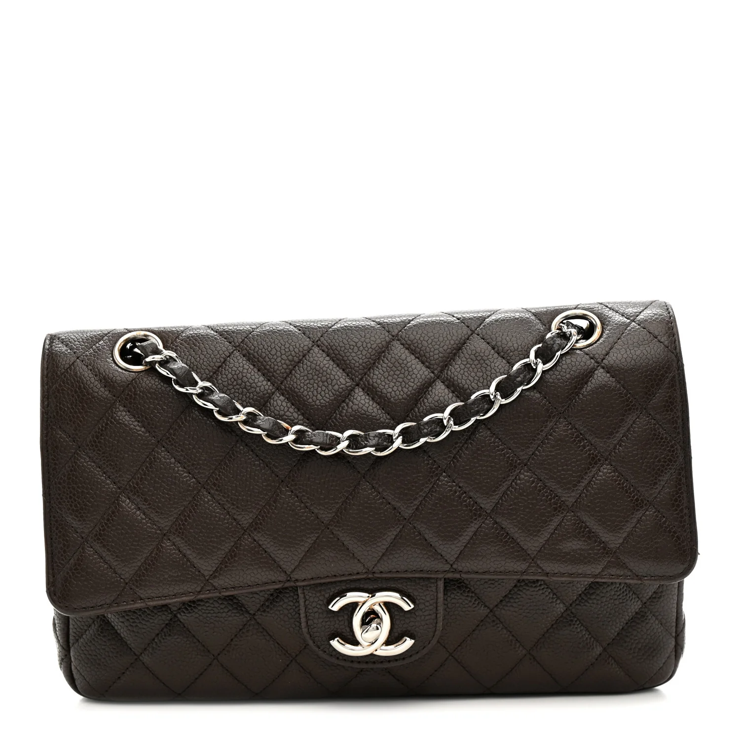 Caviar Quilted Medium Double Flap Brown