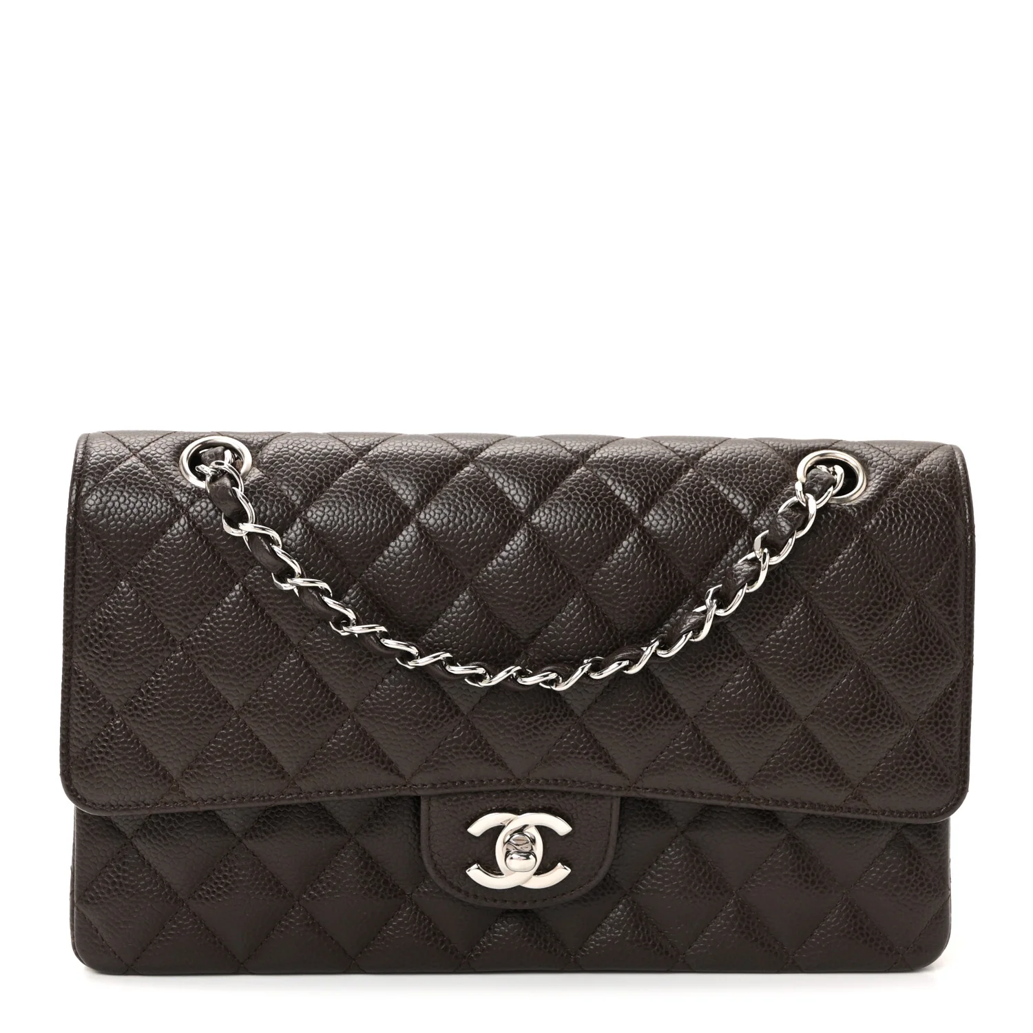 Caviar Quilted Medium Double Flap Dark Brown