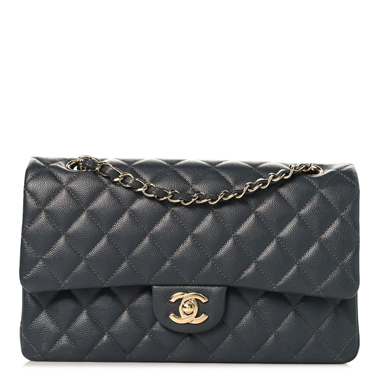 Caviar Quilted Medium Double Flap Dark Grey