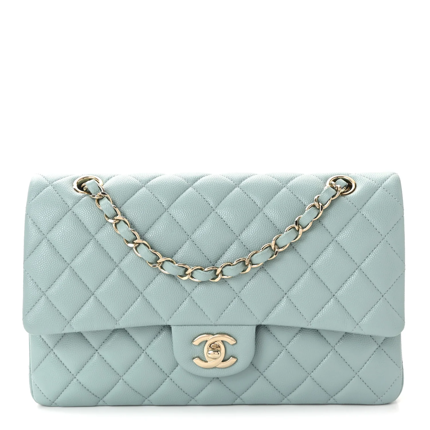 Caviar Quilted Medium Double Flap Light Blue