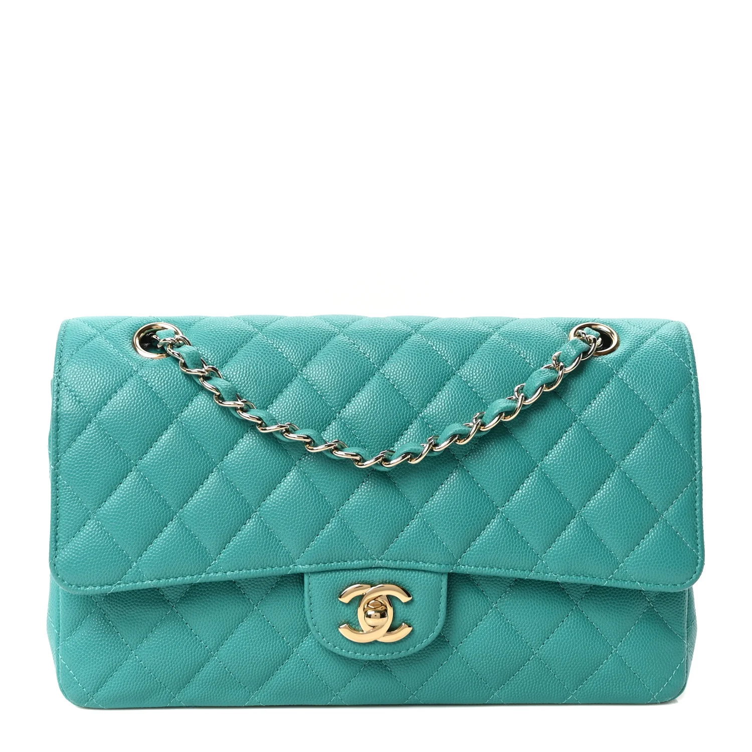 Caviar Quilted Medium Double Flap Turquoise
