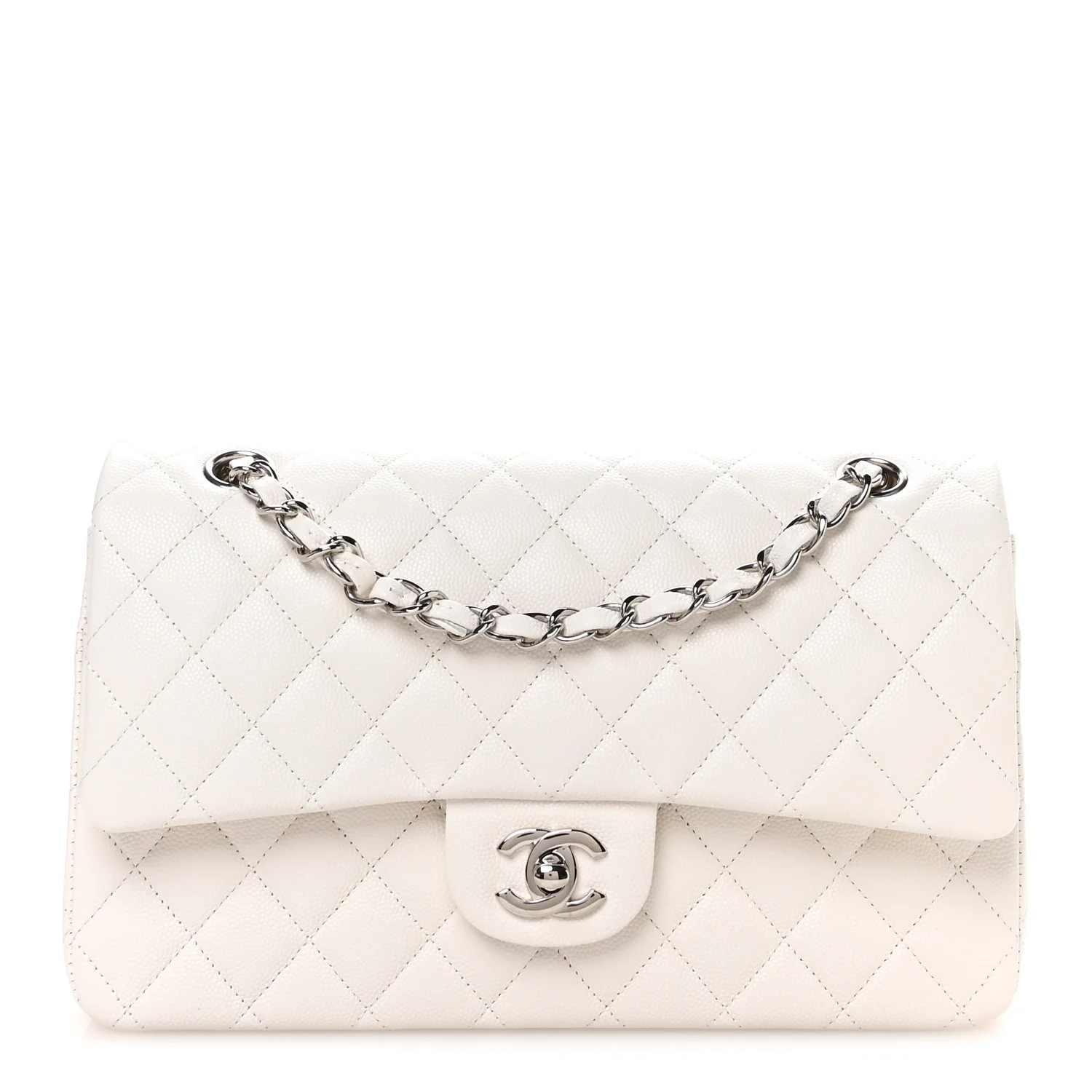 Caviar Quilted Medium Double Flap White