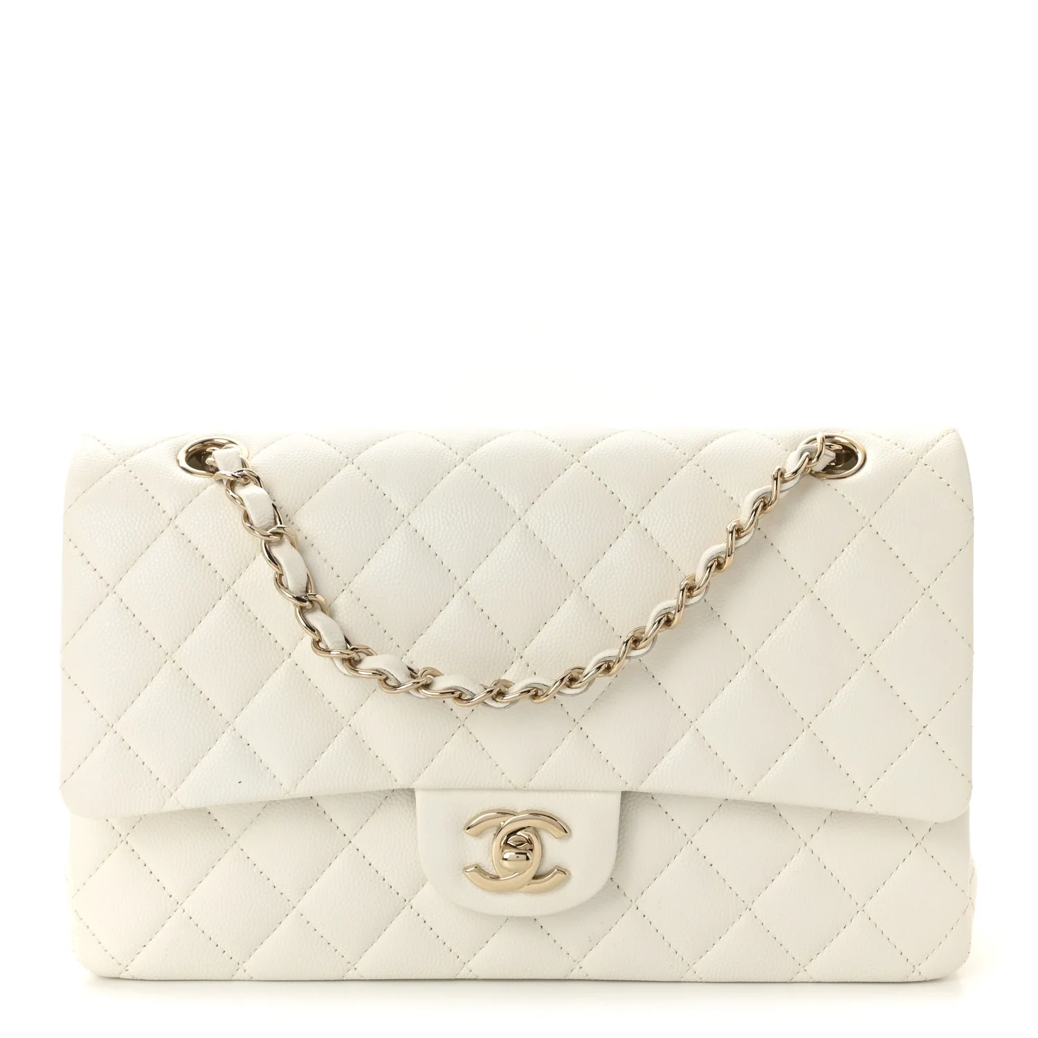 Caviar Quilted Medium Double Flap White
