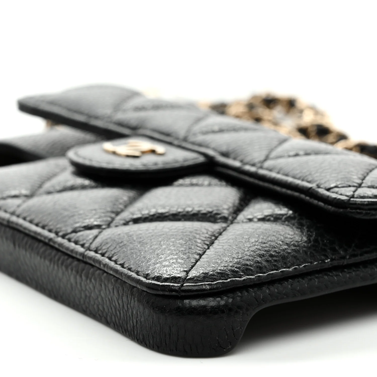 Caviar Quilted Pearl Crush iPhone XII Pro Max Holder With Chain Black - Image 10