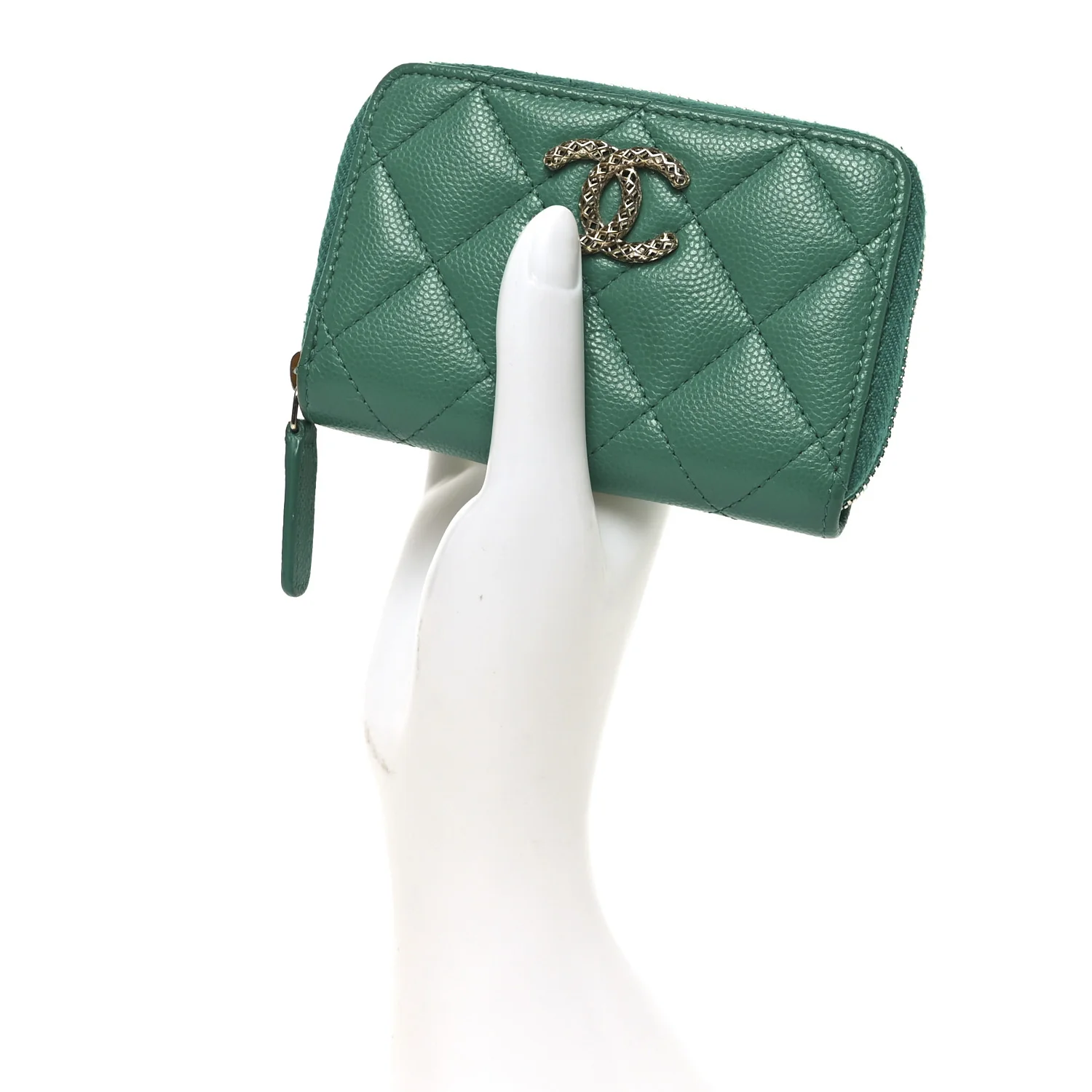 Caviar Quilted Perforated CC Zip Coin Purse Green - Image 2