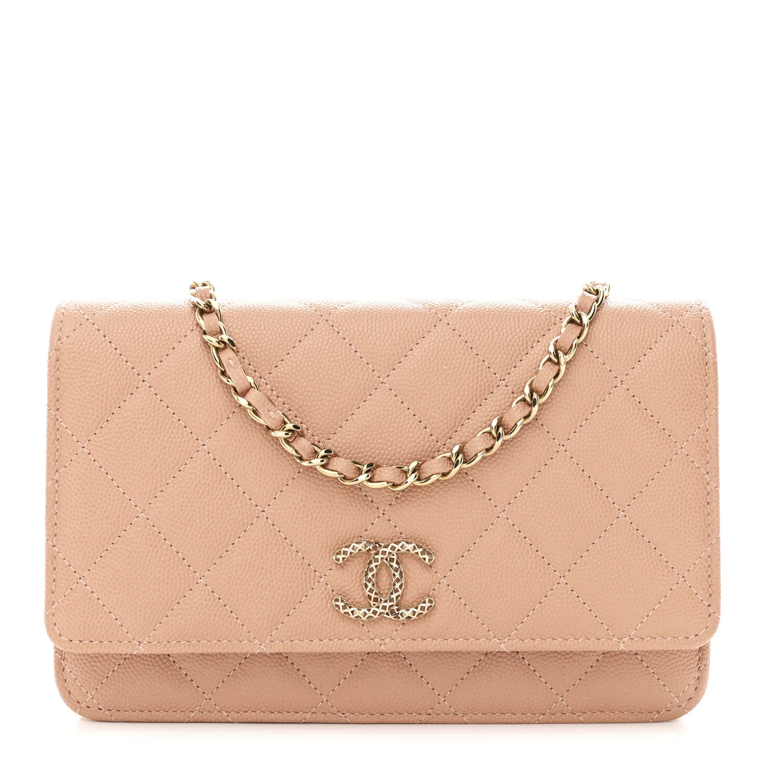 Caviar Quilted Perforated Metal CC Wallet On Chain WOC Beige