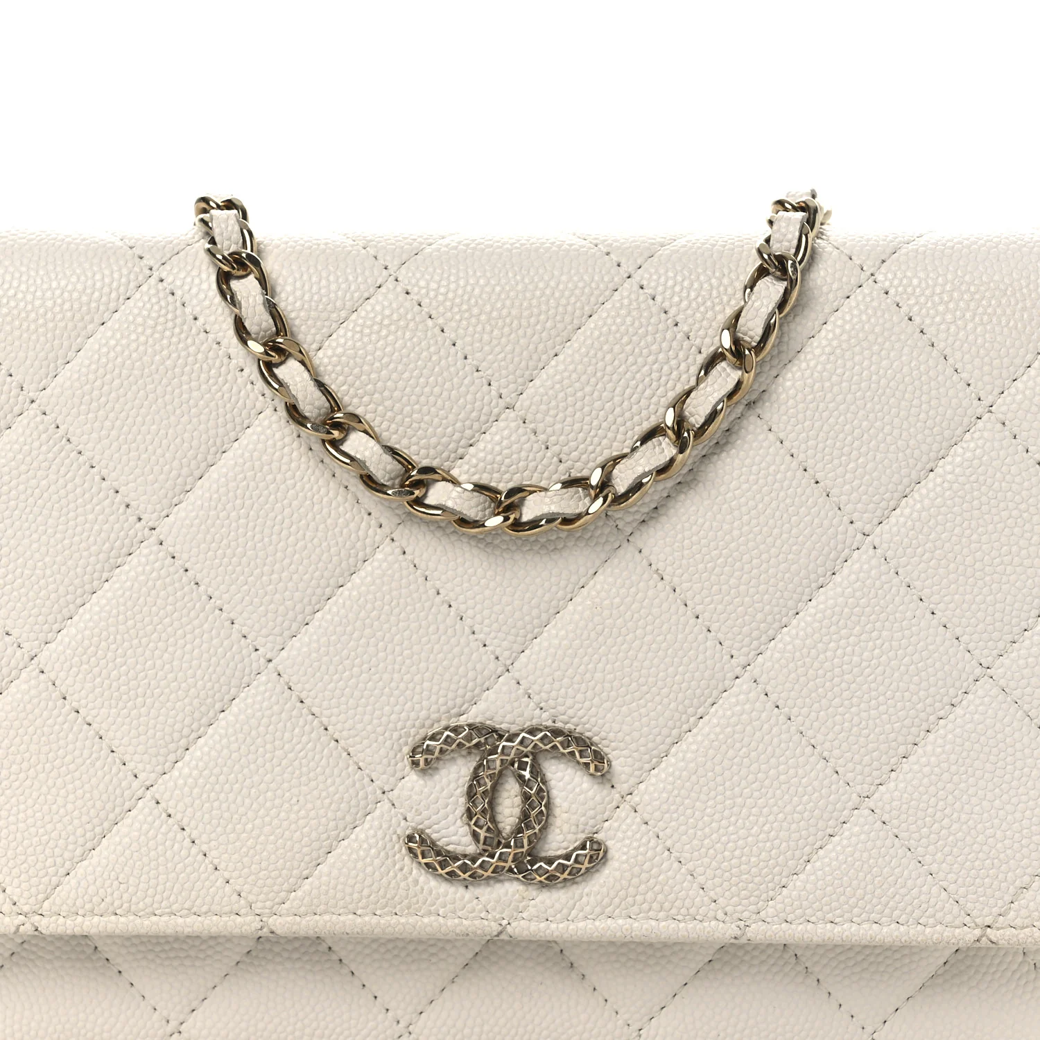 Caviar Quilted Perforated Metal CC Wallet On Chain WOC White - Image 9