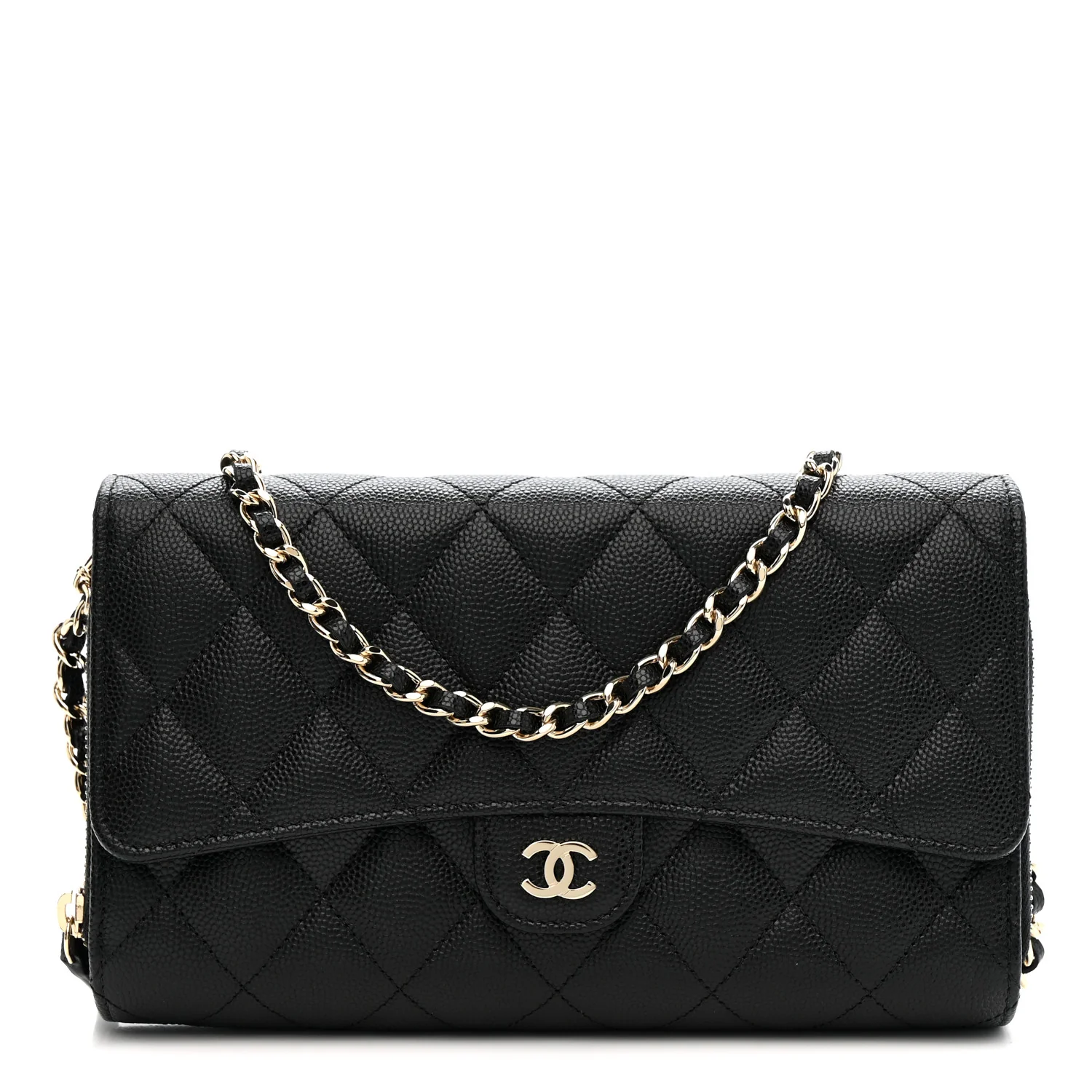 Caviar Quilted Phone Holder Wallet on Removable Chain Black