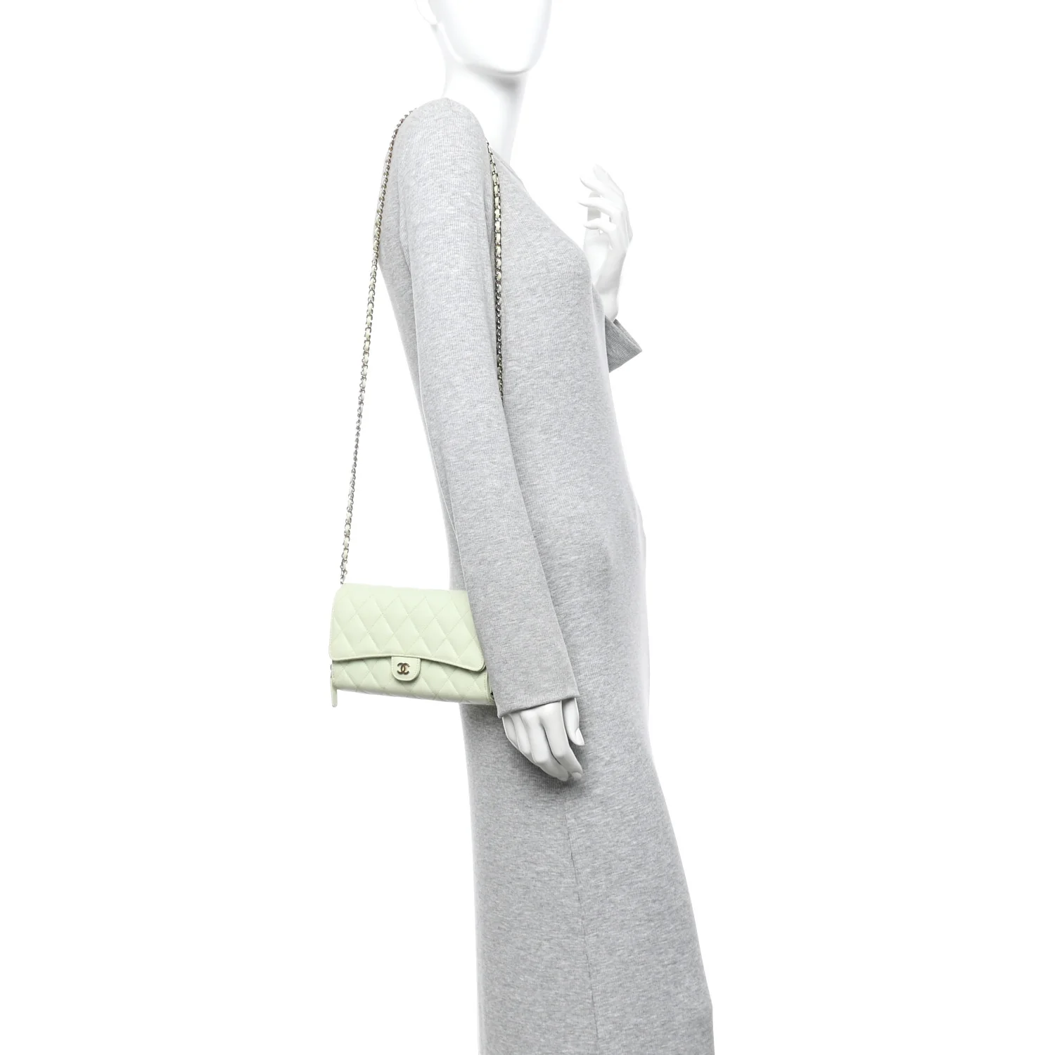 Caviar Quilted Phone Holder Wallet on Removable Chain Light Green - Image 2