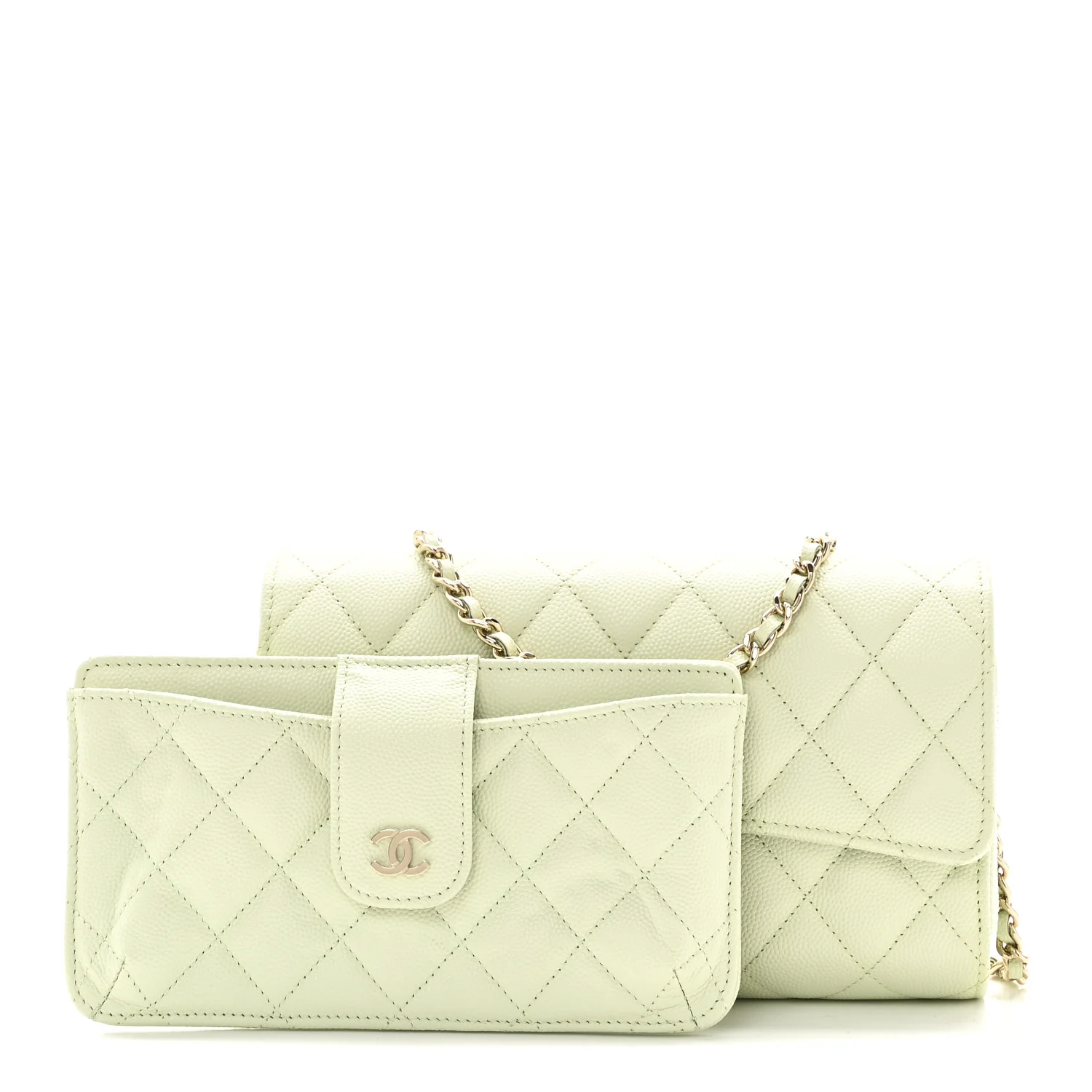 Caviar Quilted Phone Holder Wallet on Removable Chain Light Green - Image 3