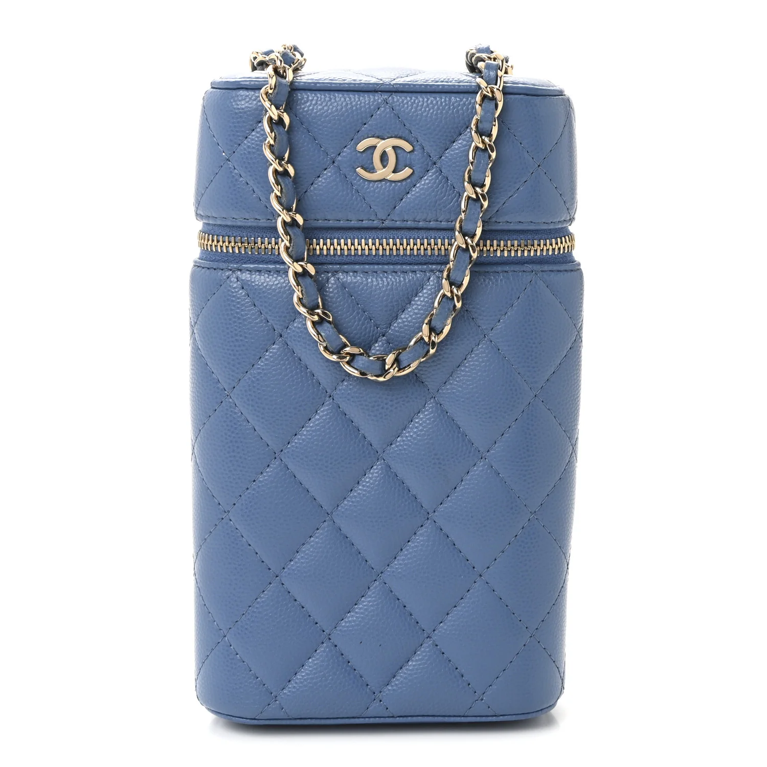 Caviar Quilted Phone Holder With Chain Blue