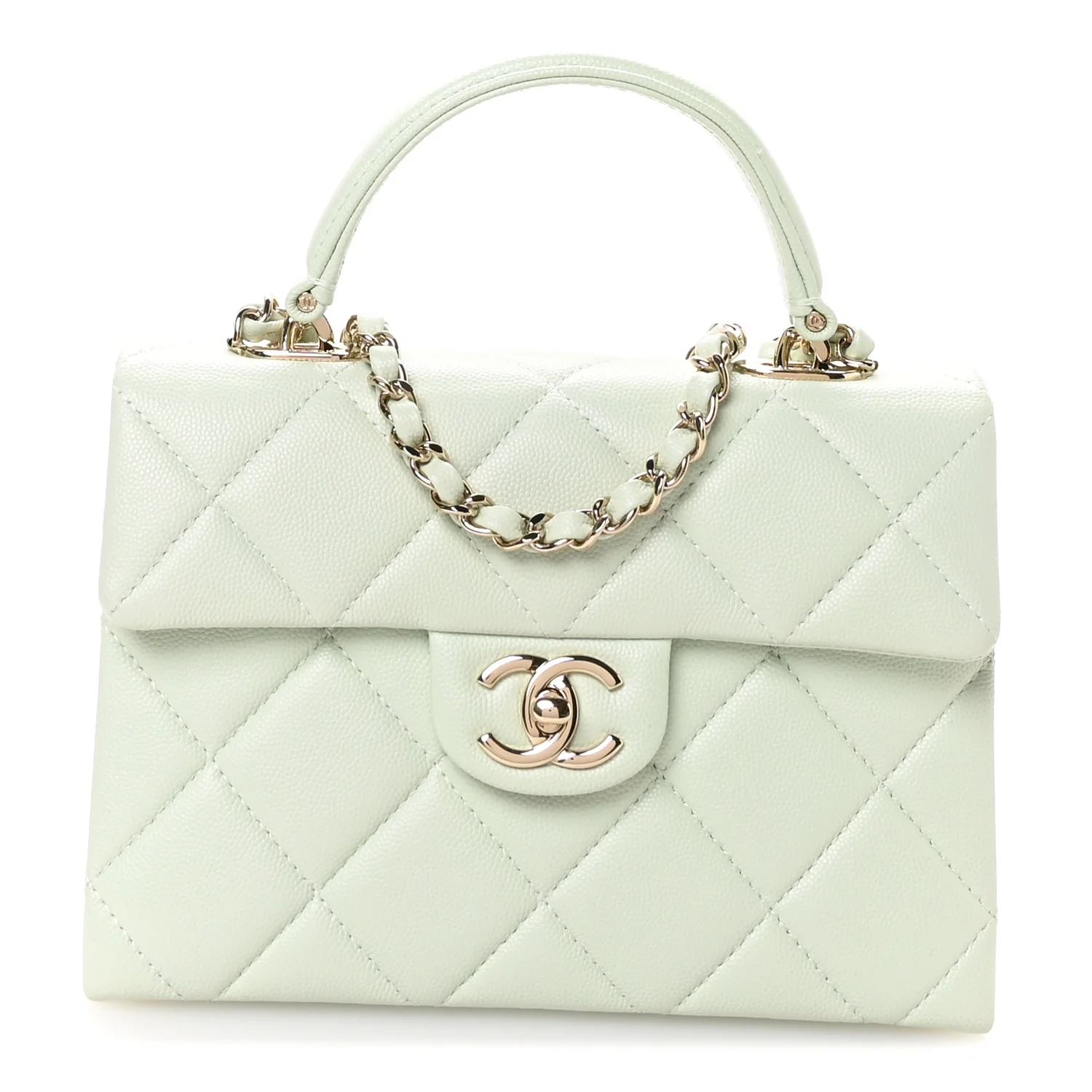 Caviar Quilted Retro Medium Twist Top Handle Clutch Light Green