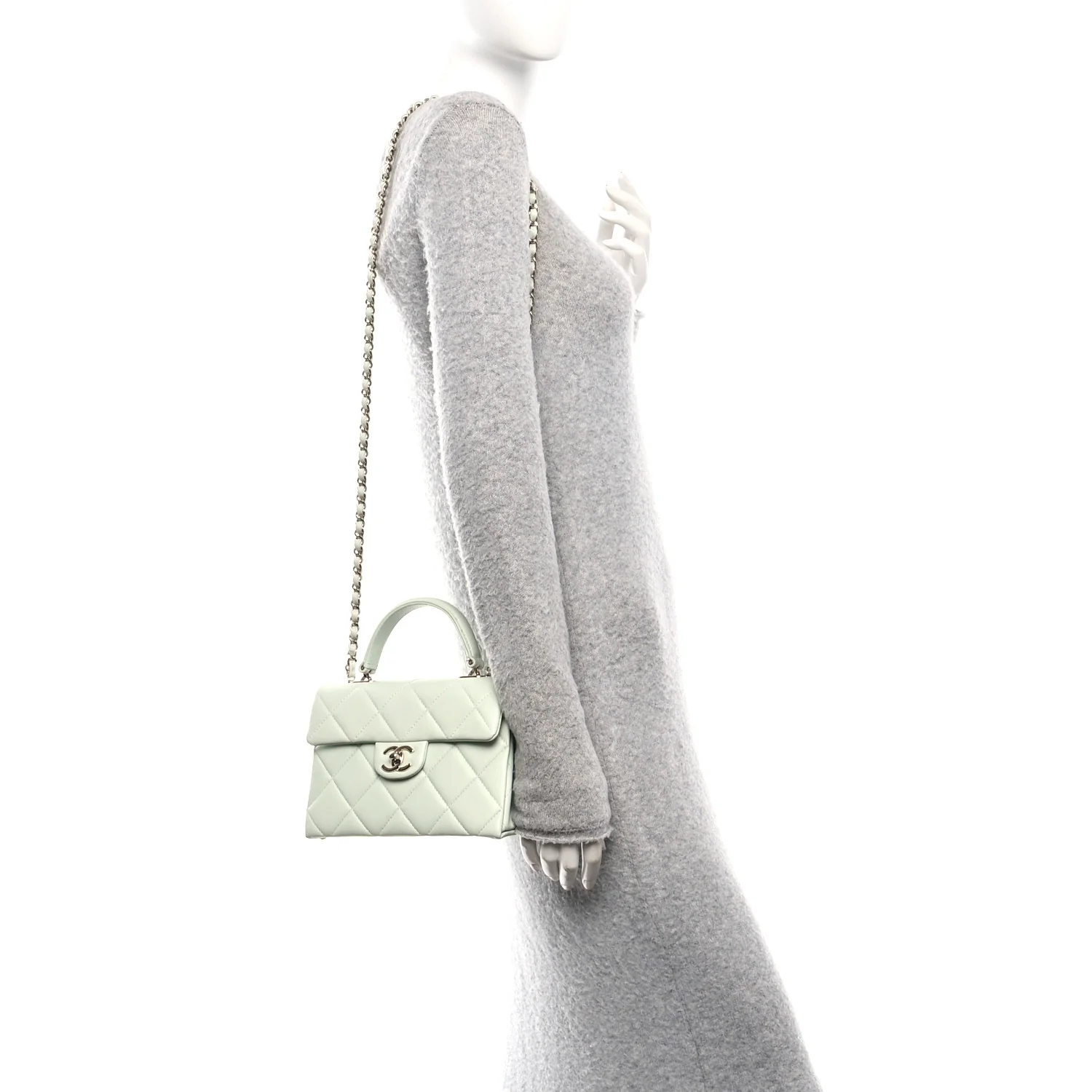 Caviar Quilted Retro Medium Twist Top Handle Clutch Light Green - Image 2