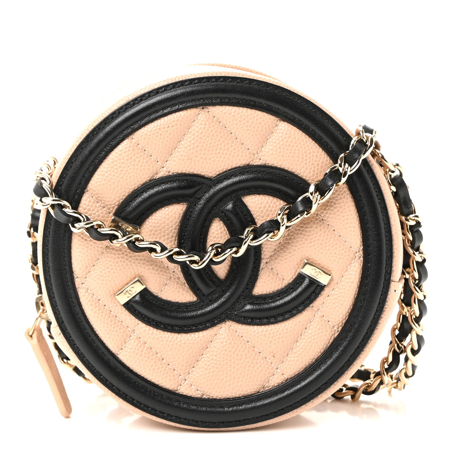 Caviar Quilted Round Filigree Crossbody Beige Black