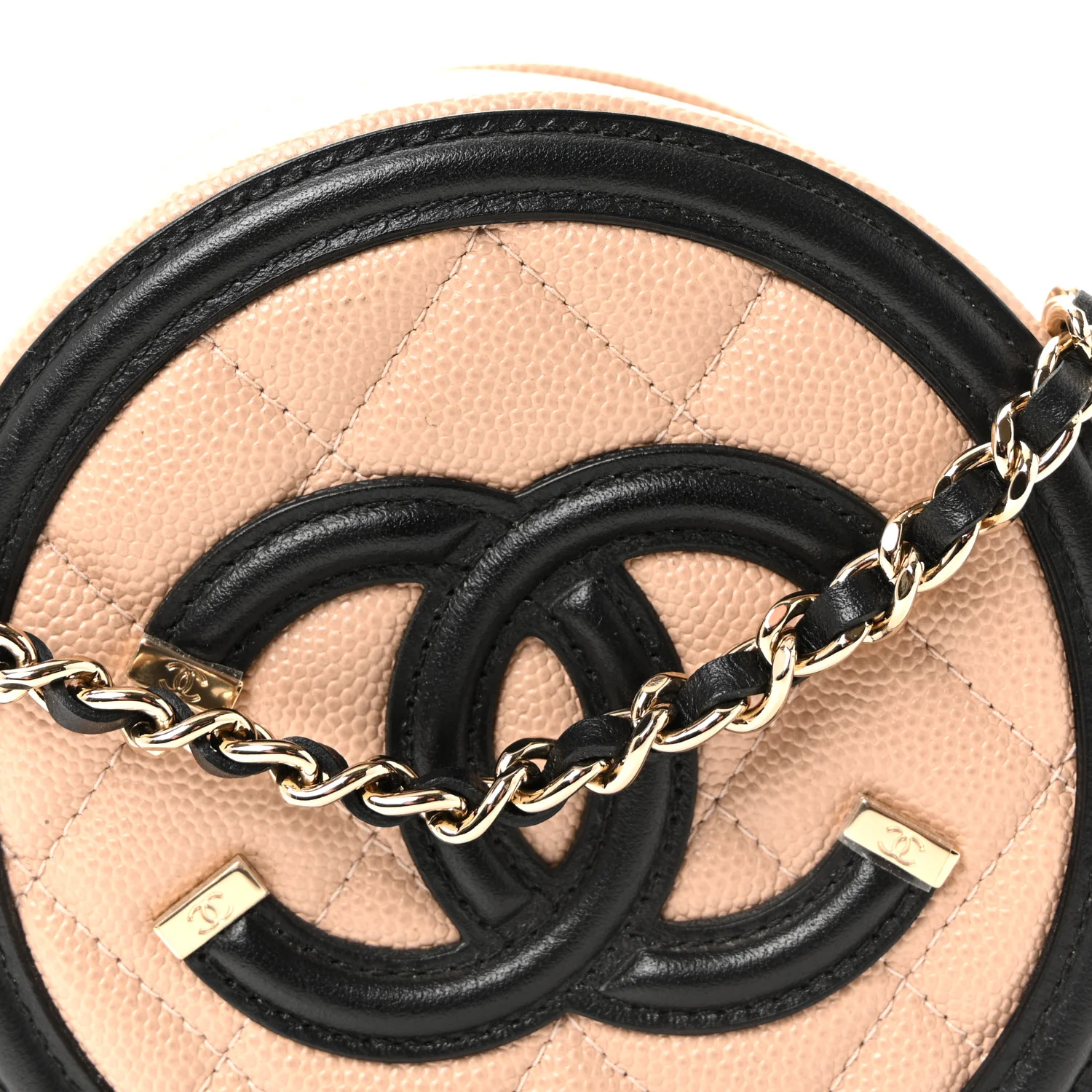 Caviar Quilted Round Filigree Crossbody Beige Black - Image 8