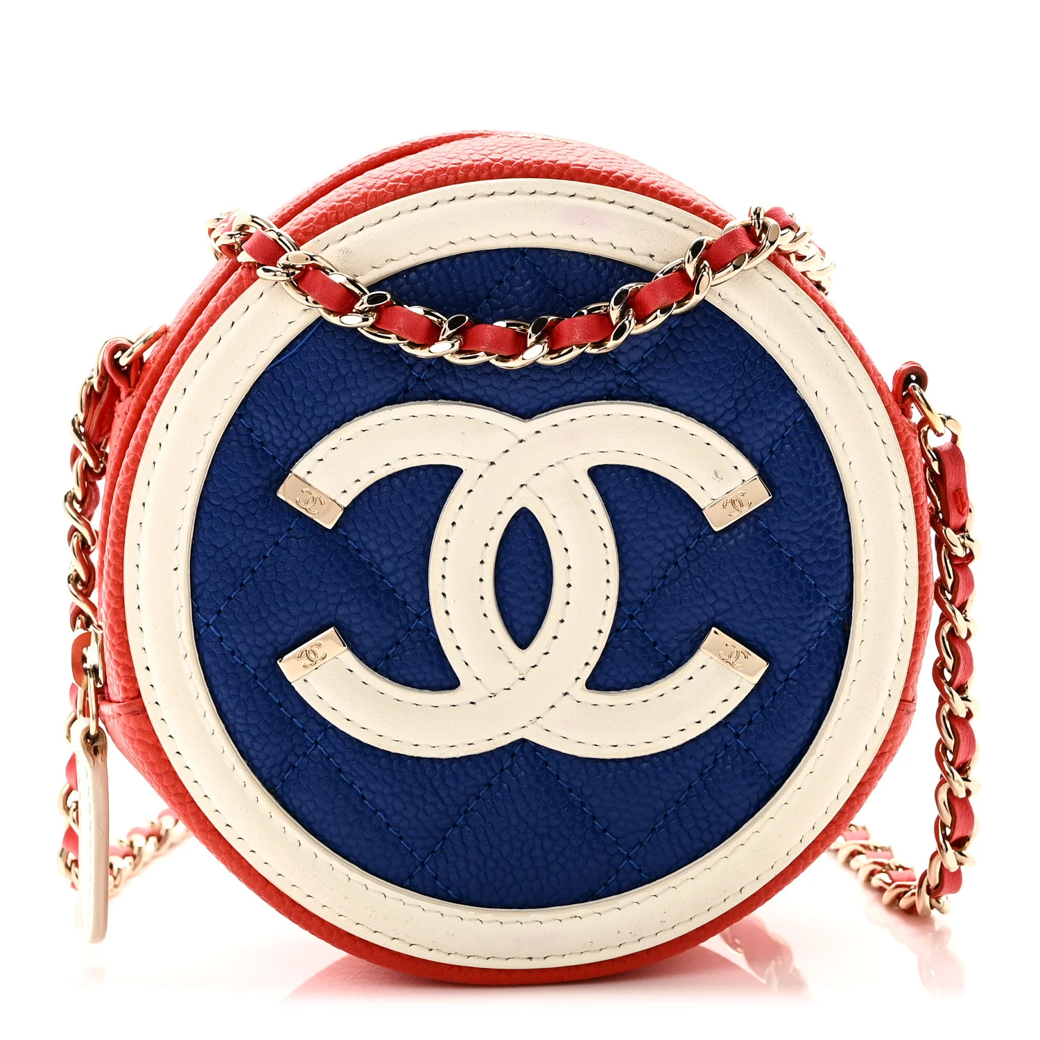 Caviar Quilted Round Filigree Crossbody Blue White Red