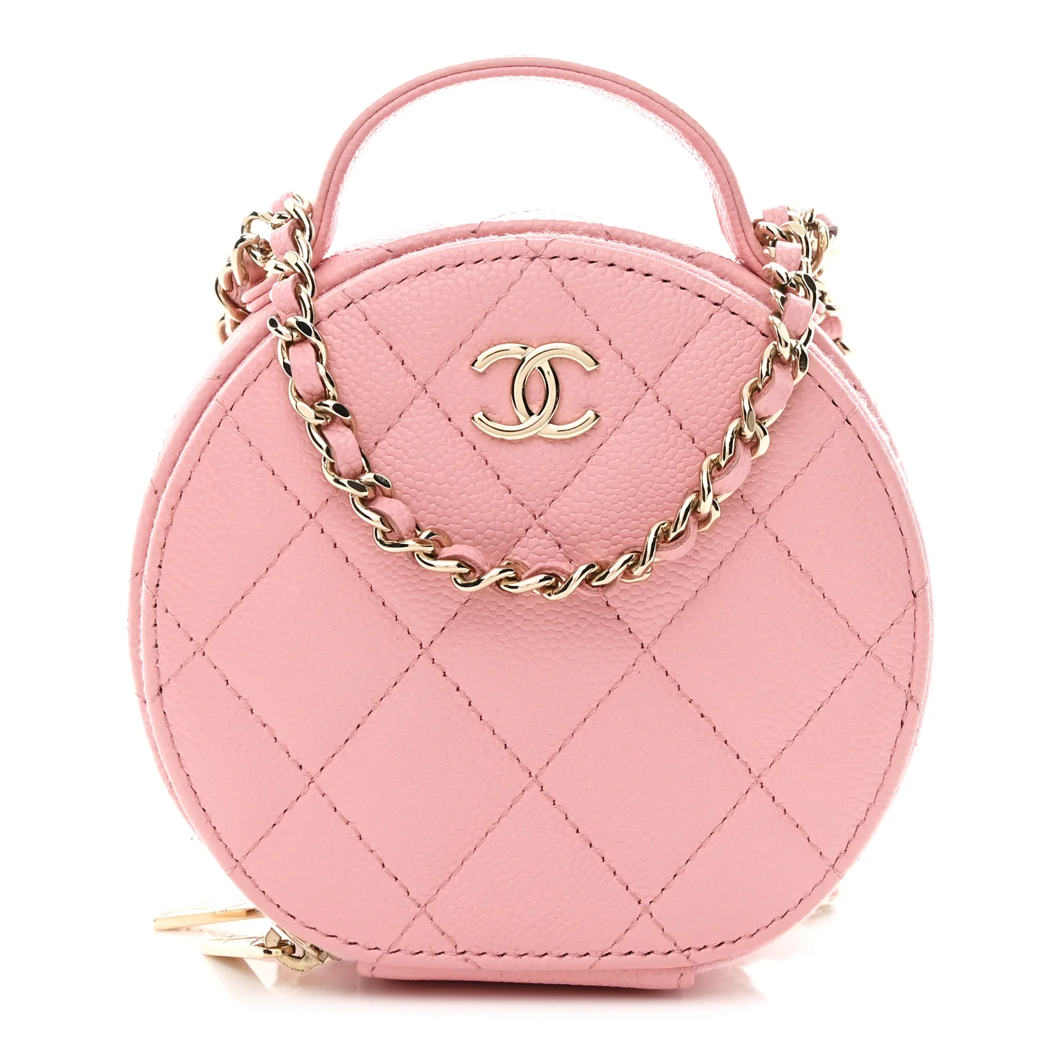 Caviar Quilted Round Handle With Care Vanity With Chain Pink