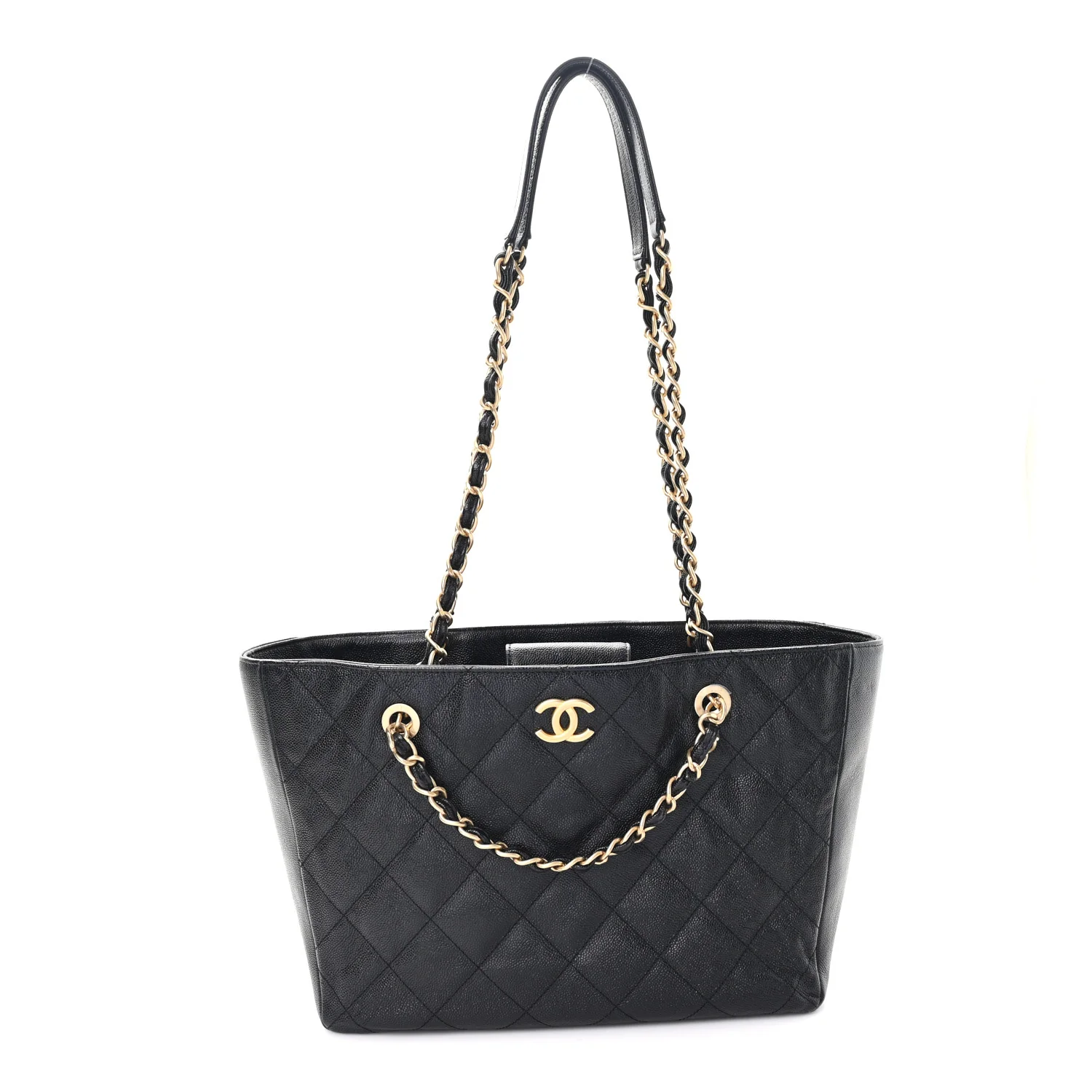 Caviar Quilted Small Trapezoid Chain Shopping Tote Black