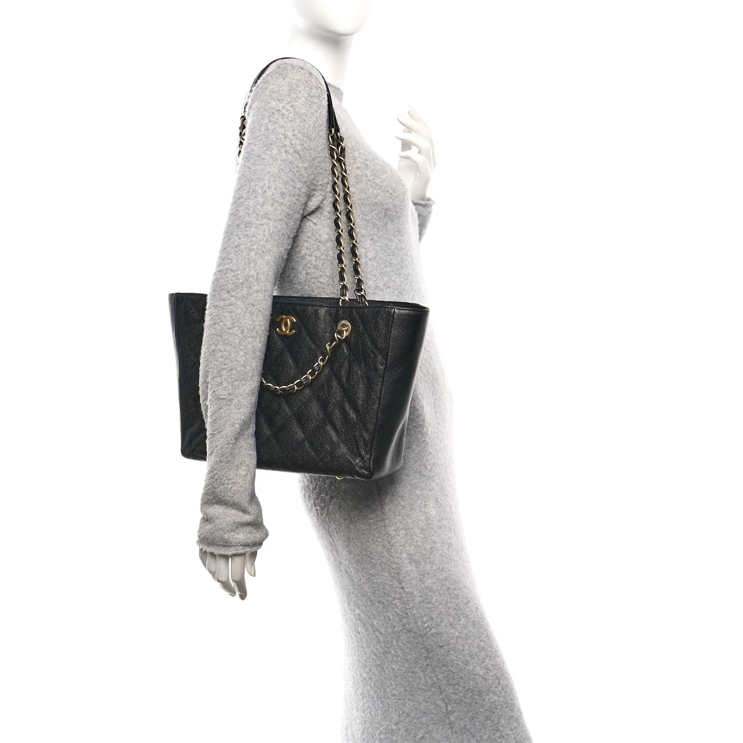 Caviar Quilted Small Trapezoid Chain Shopping Tote Black - Image 2