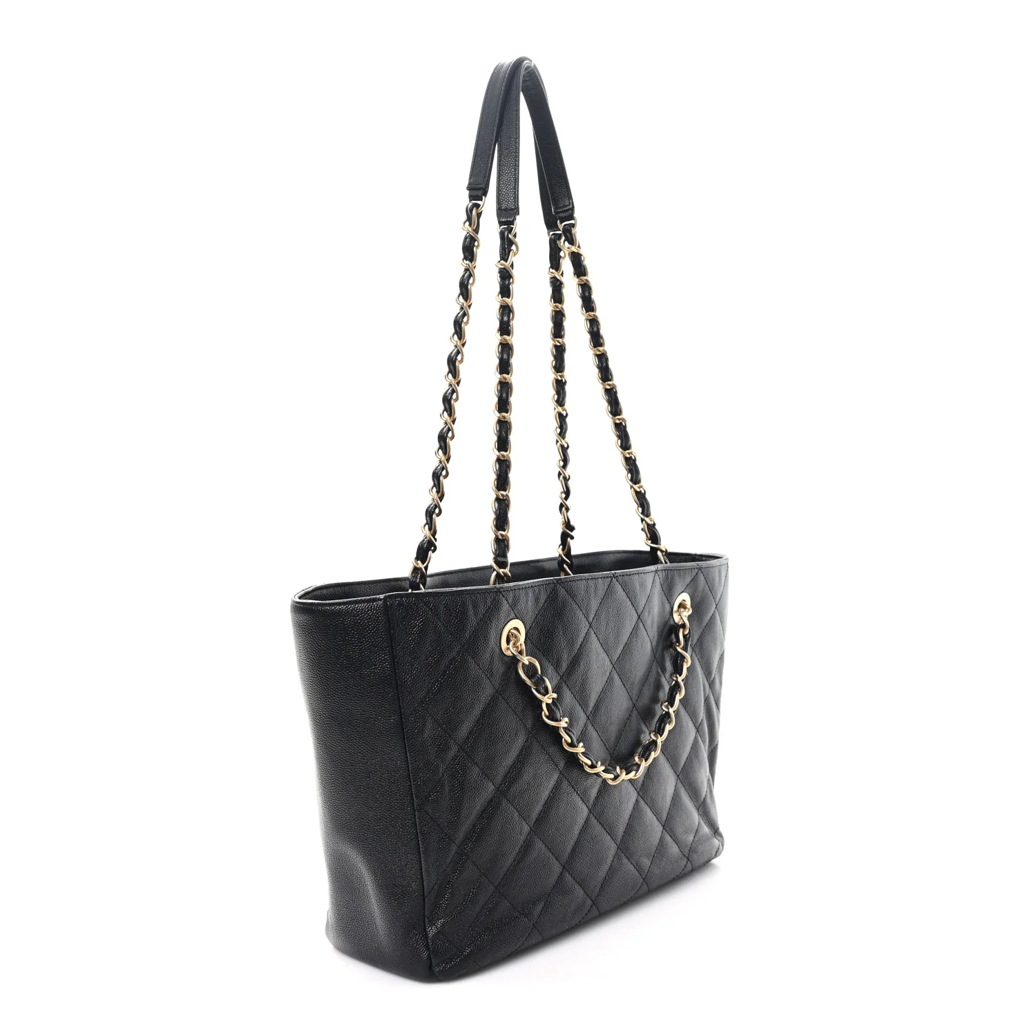 Caviar Quilted Small Trapezoid Chain Shopping Tote Black - Image 3
