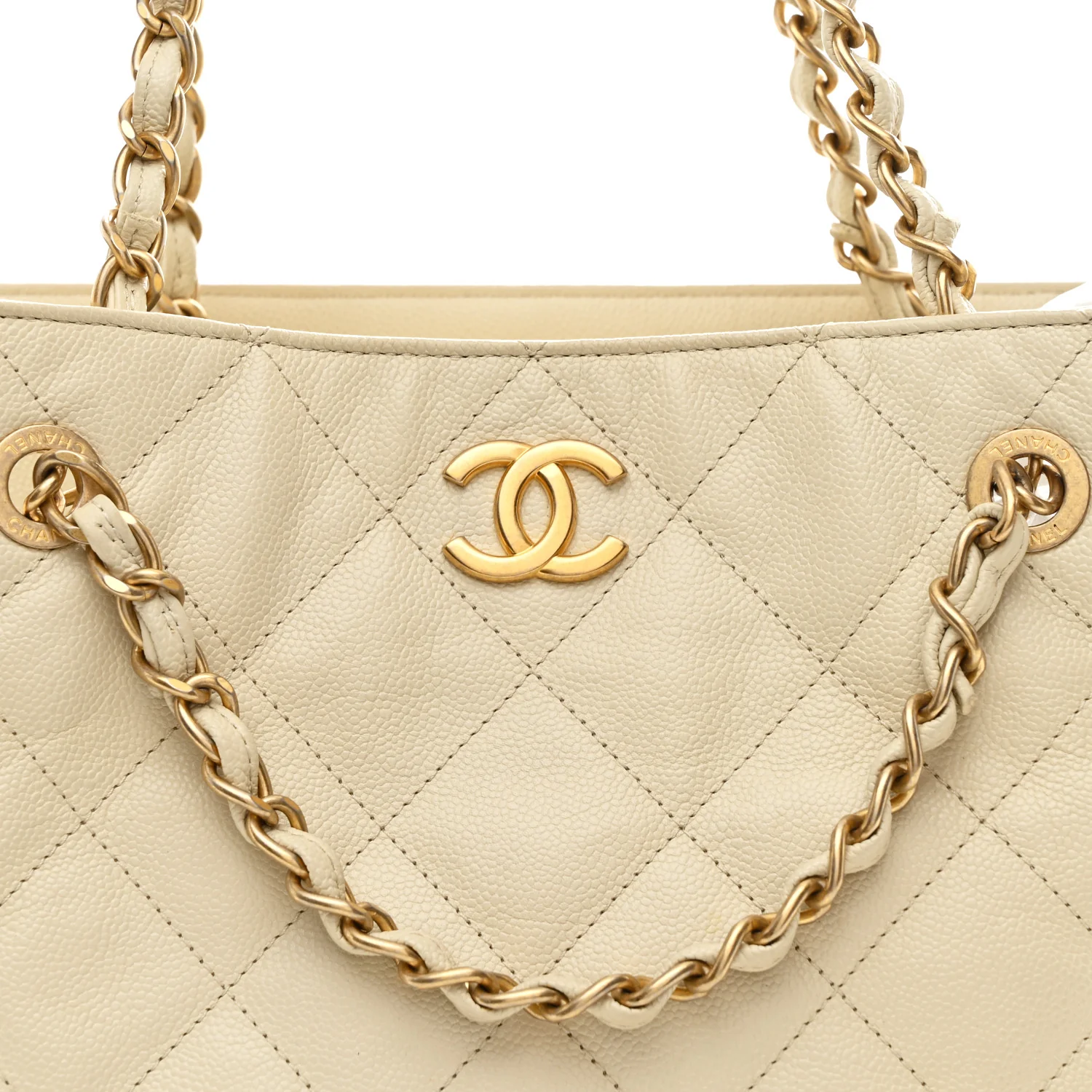 Caviar Quilted Small Trapezoid Chain Shopping Tote Ivory - Image 8
