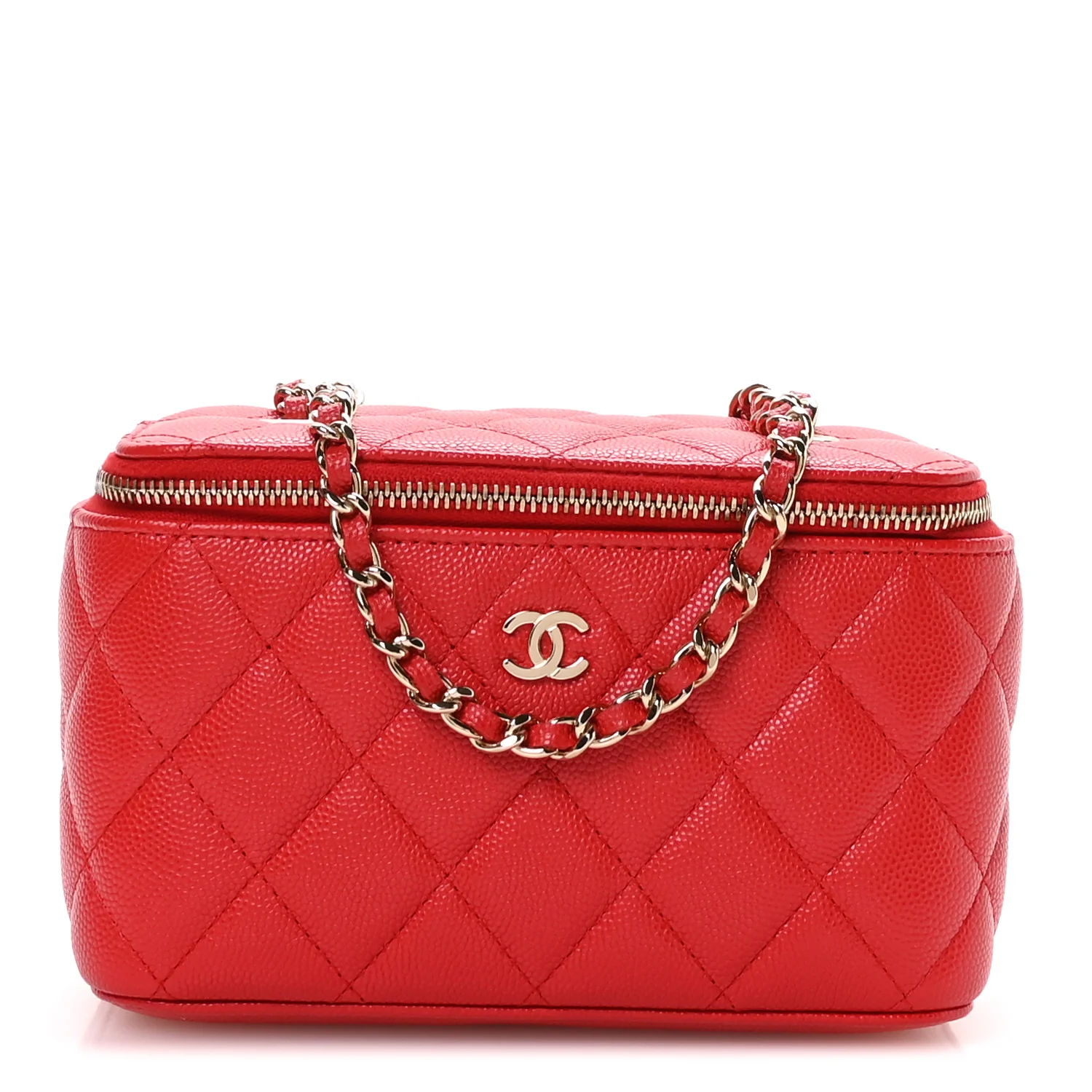 Caviar Quilted Small Vanity Case With Chain Red